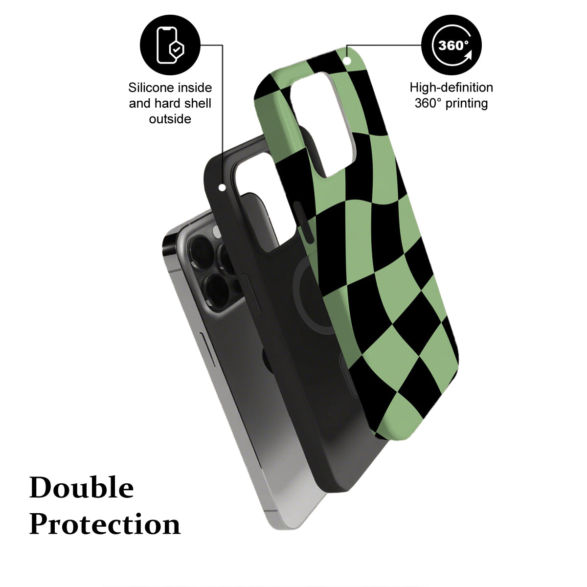 Phone case with checkered design and text highlighting features on a white background