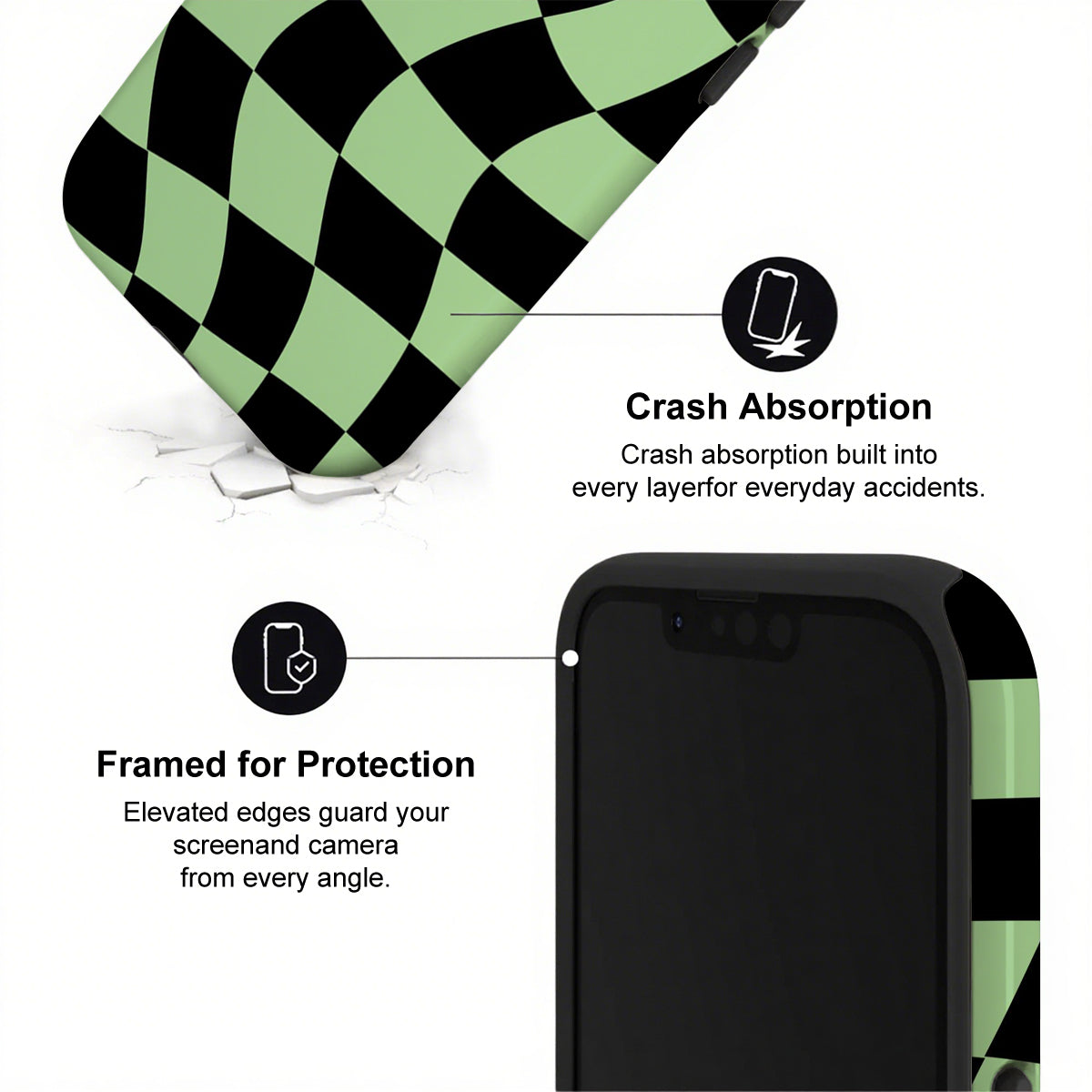 Phone case with checkered pattern and text highlighting crash absorption and protection features.