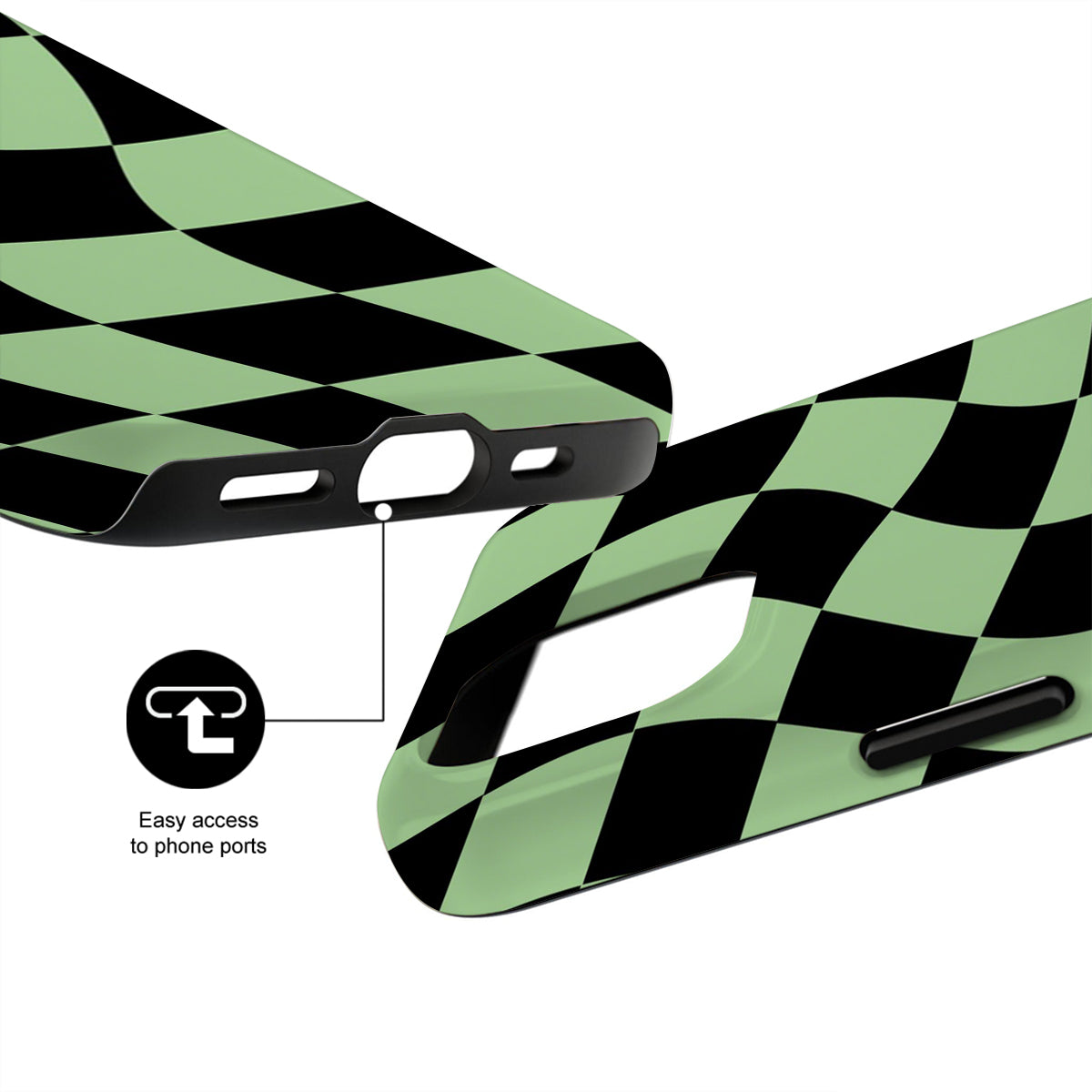 Checkered phone case with easy access to phone ports feature on a white background