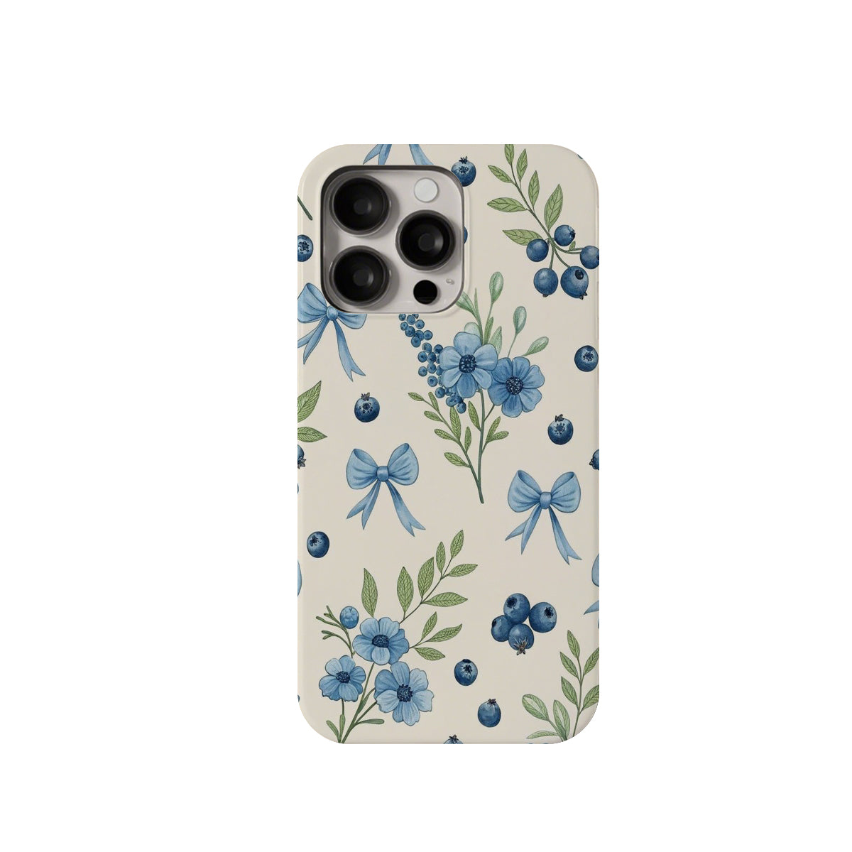 Phone case with blue floral and bow design on a beige background