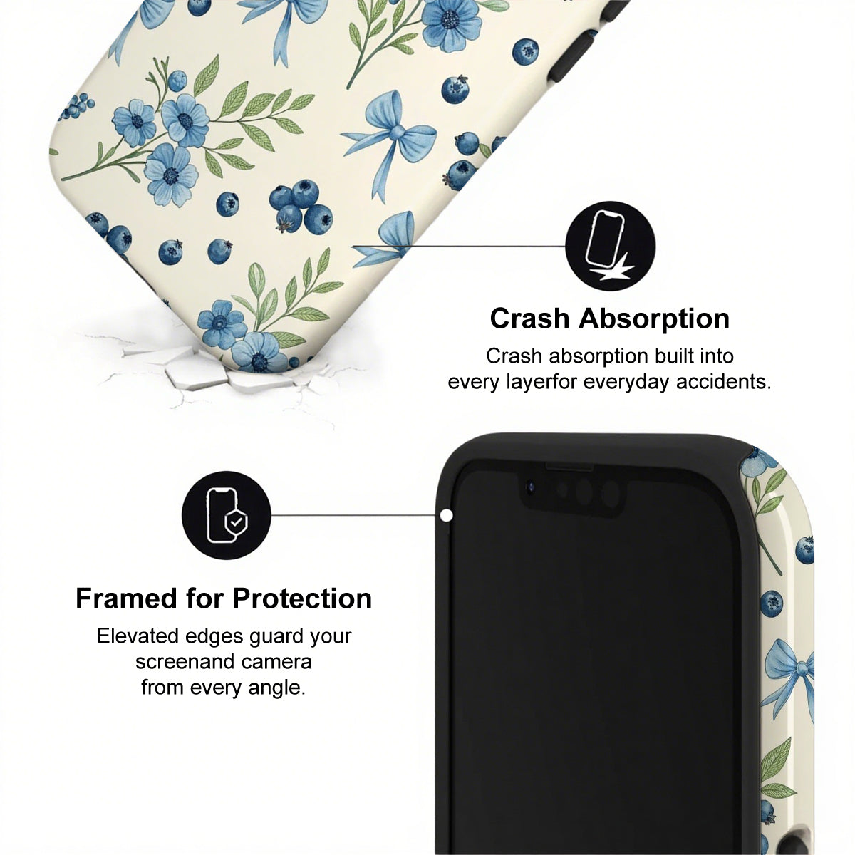 Phone case with floral design and text highlighting crash absorption and protection features.