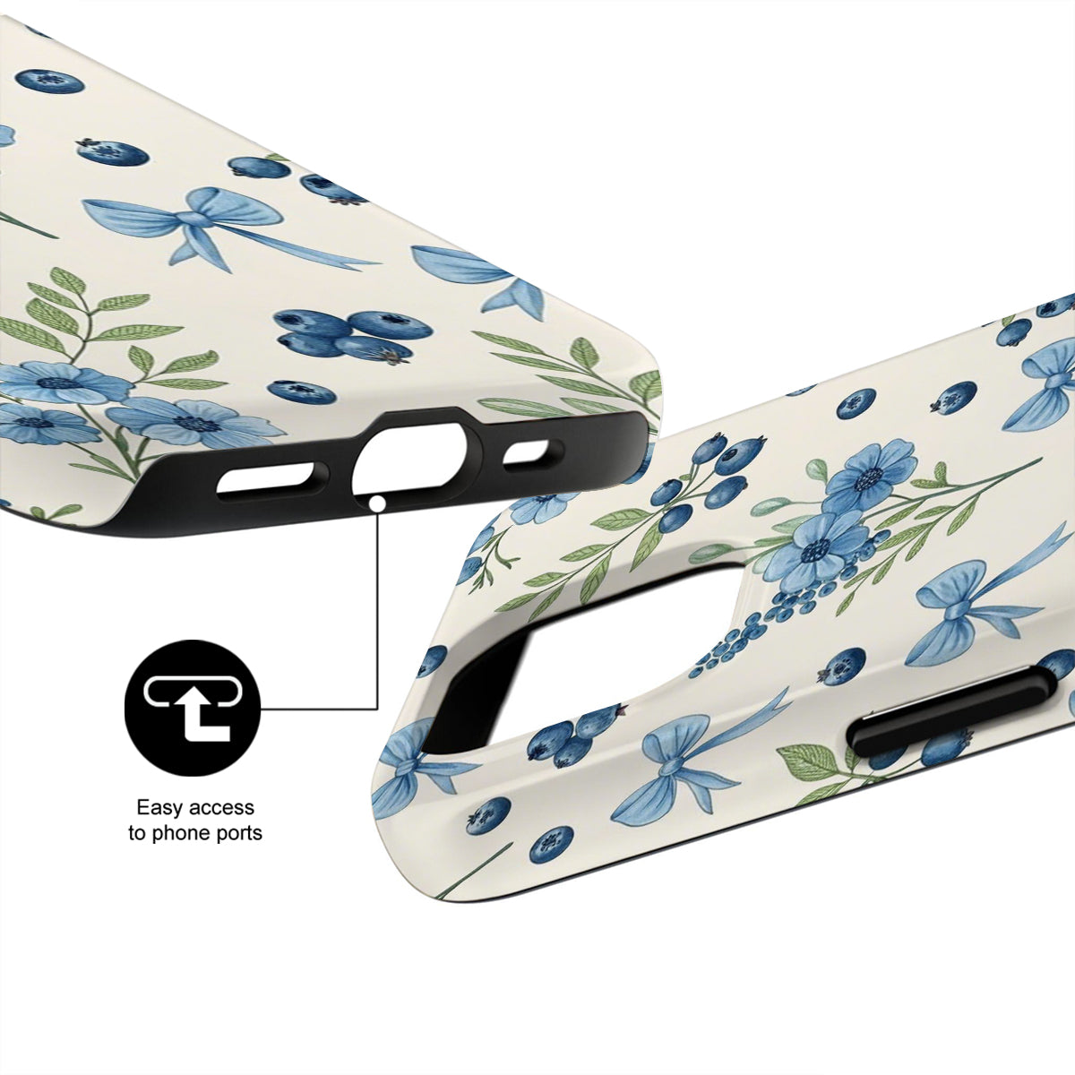 Phone case with blue floral design on a white background