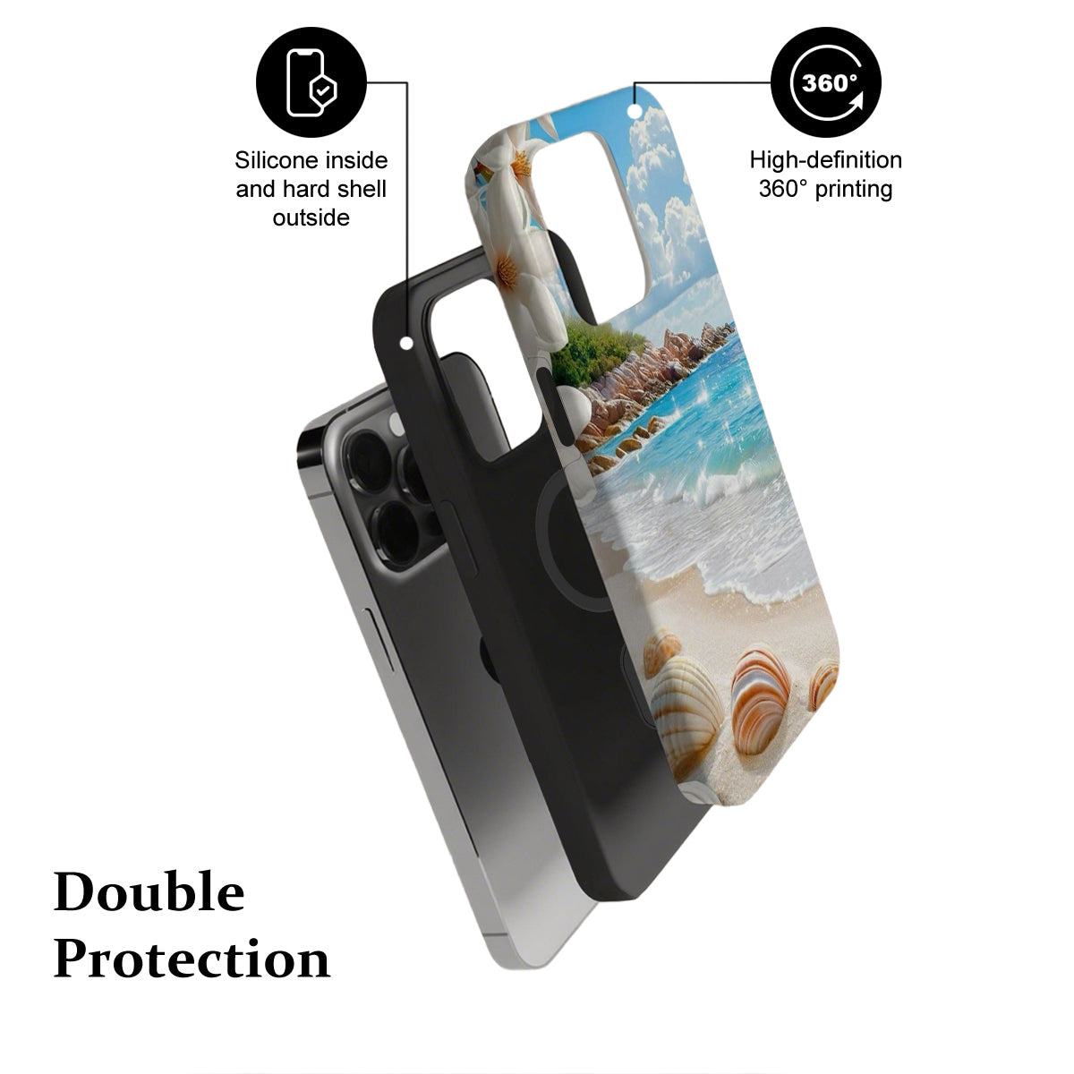 Phone case with beach design and text highlighting features on a white background