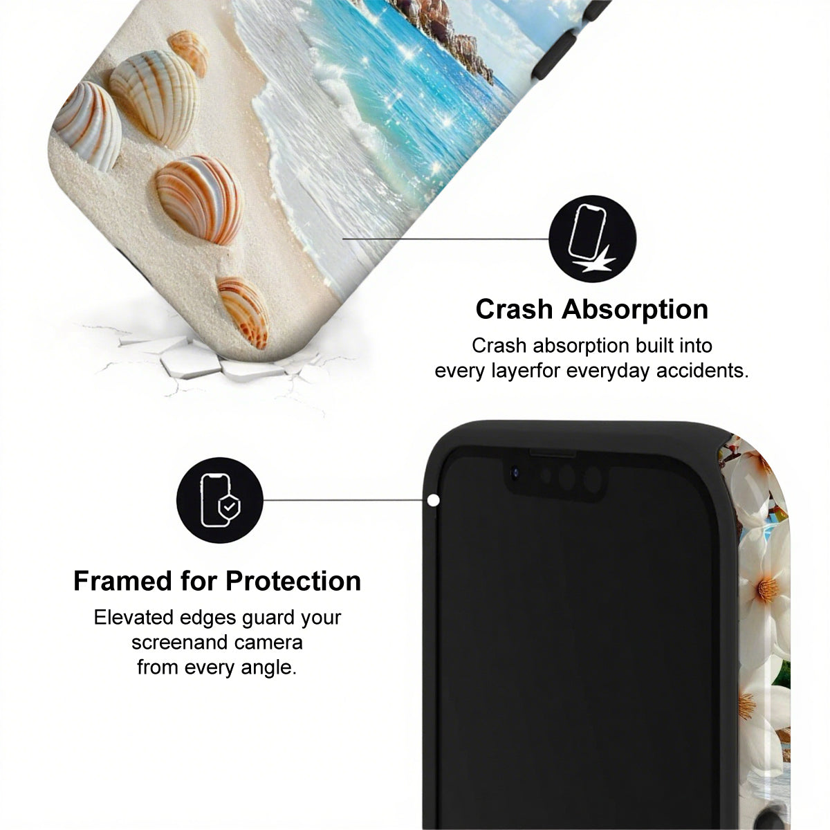Phone case with beach design and text highlighting crash absorption and protection features.