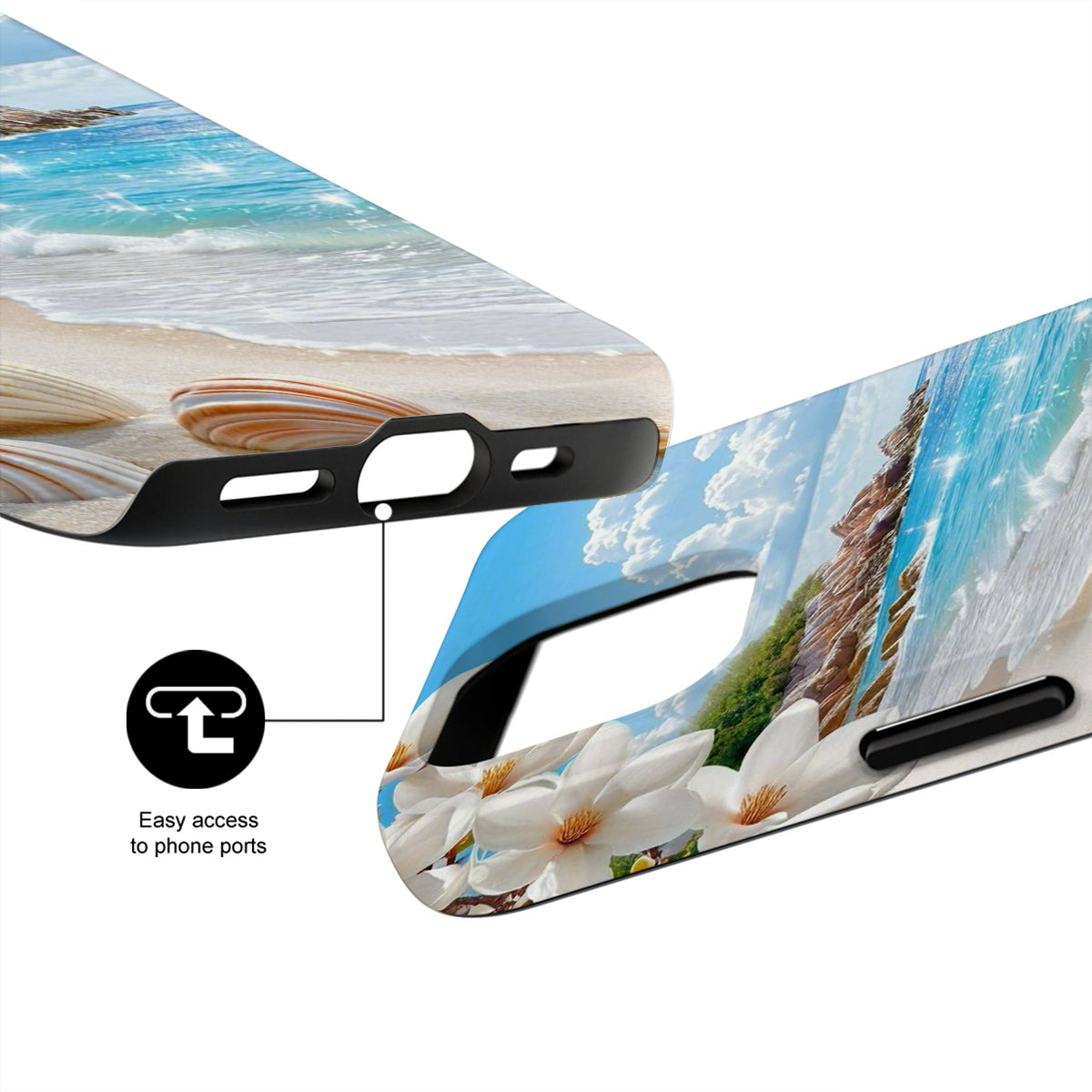 Phone case with beach design and text 'Easy access to phone ports'.