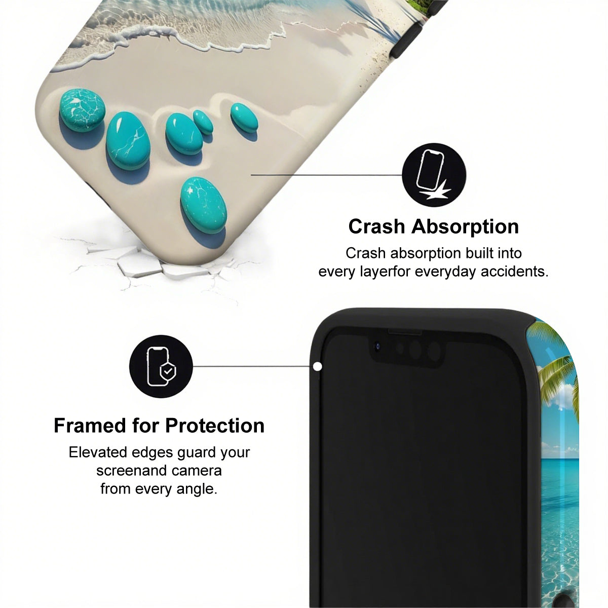 Phone case with beach design and text highlighting crash absorption and protection features.