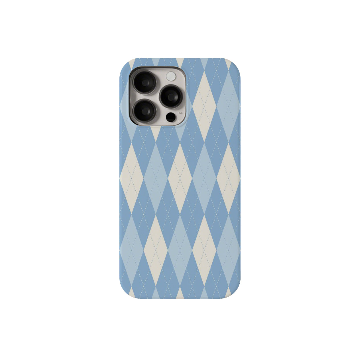 Phone case with blue and white argyle pattern on a white background