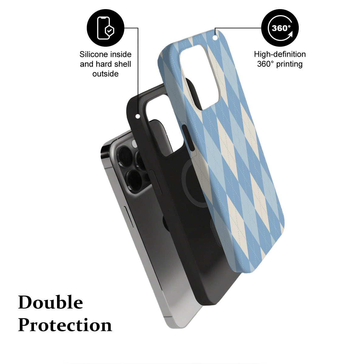 Phone case with blue and white striped design, featuring text on double protection and 360-degree printing.