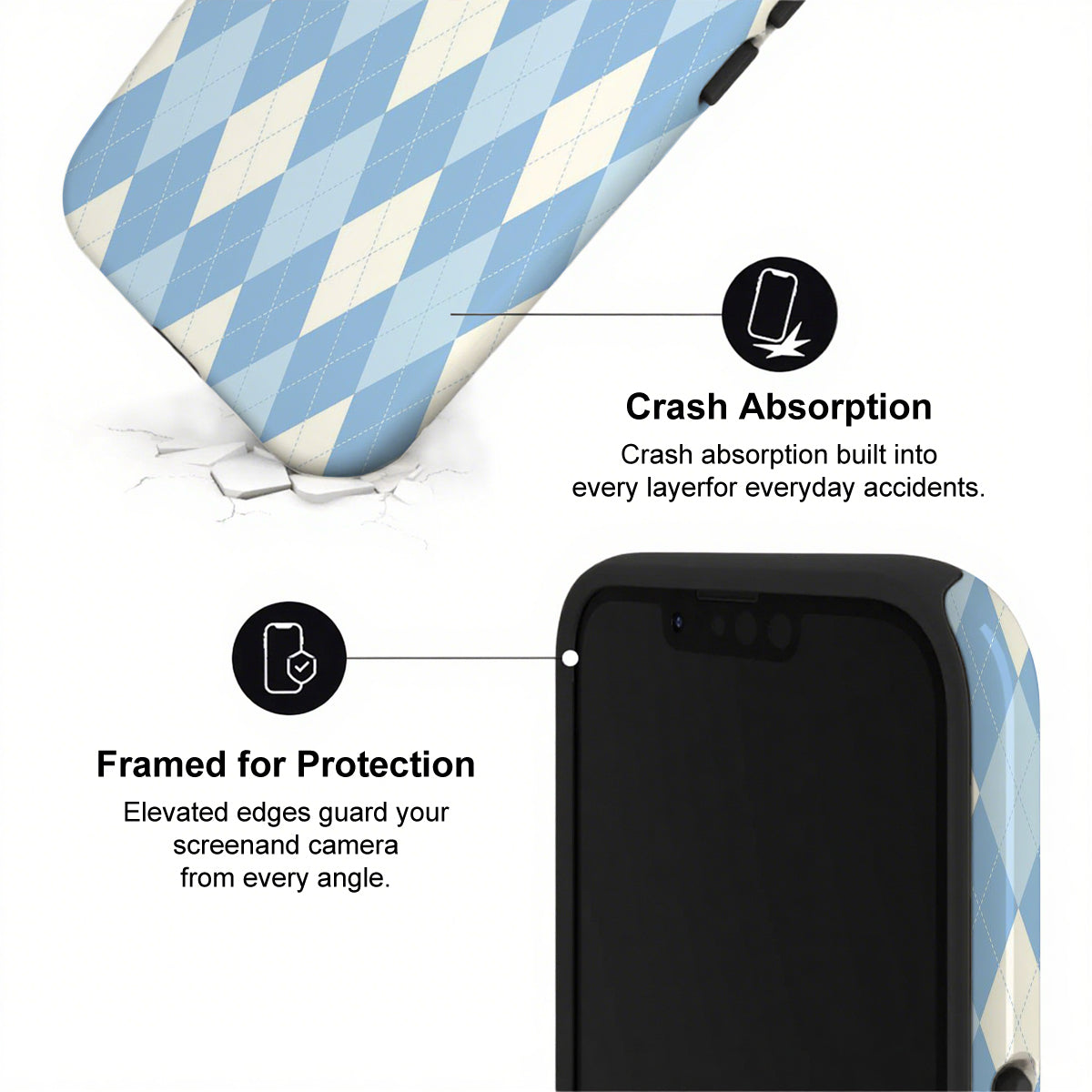 Phone case with blue and white geometric pattern and text highlighting crash absorption and protection.