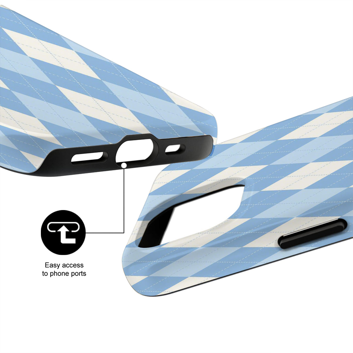 Phone case with blue and white pattern and black ports on a white background