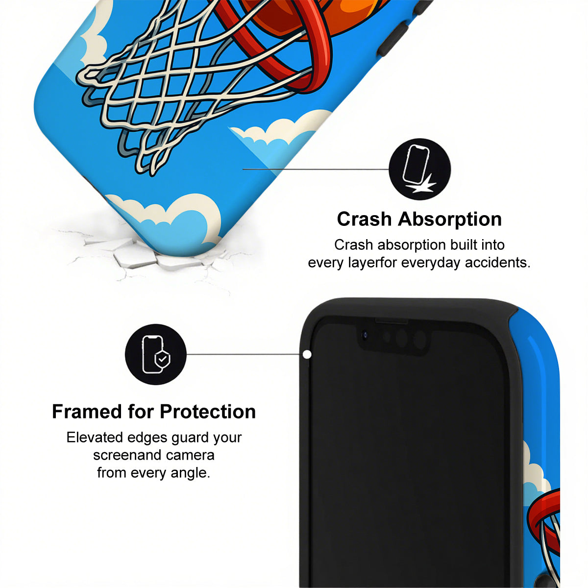 Phone case with basketball design and text about crash absorption and protection