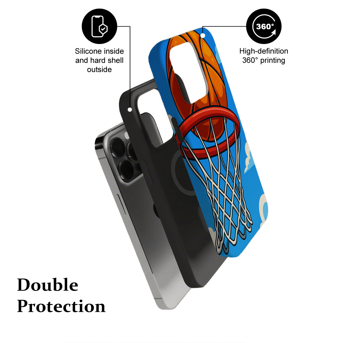 Phone case with basketball hoop design and text highlighting features on a white background