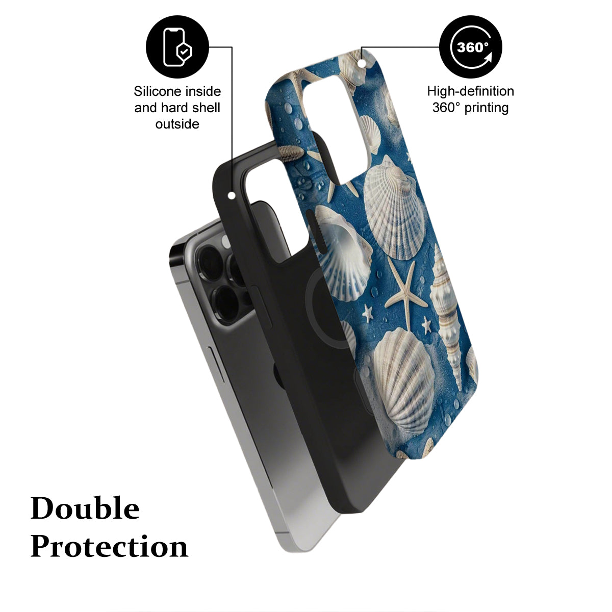 Phone case with seashell design and text highlighting features on a white background