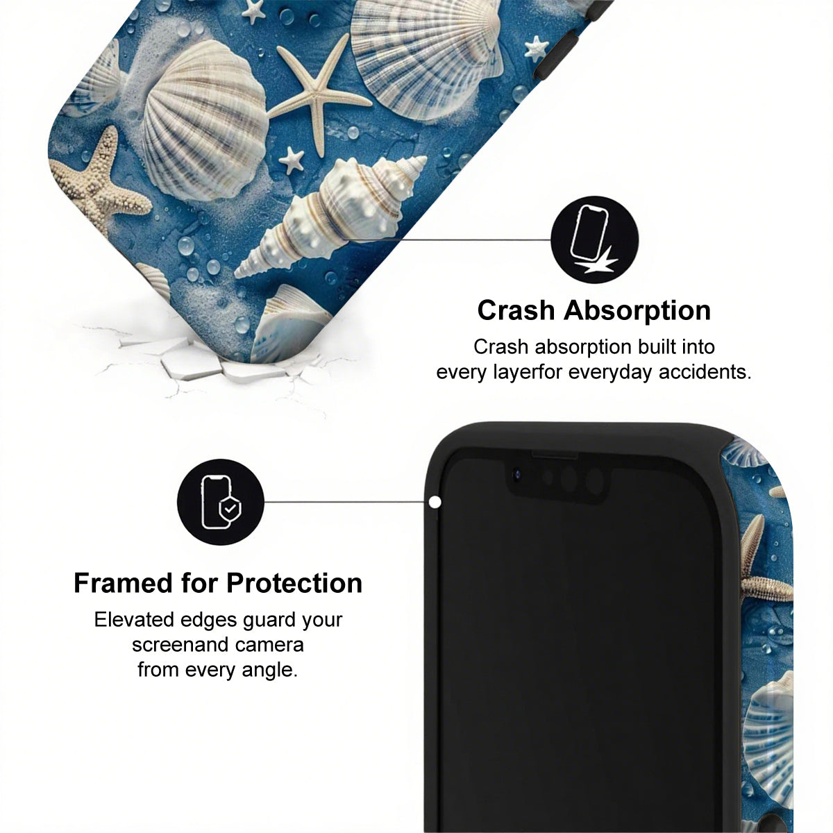 Phone case with seashell design and text about crash absorption and protection.