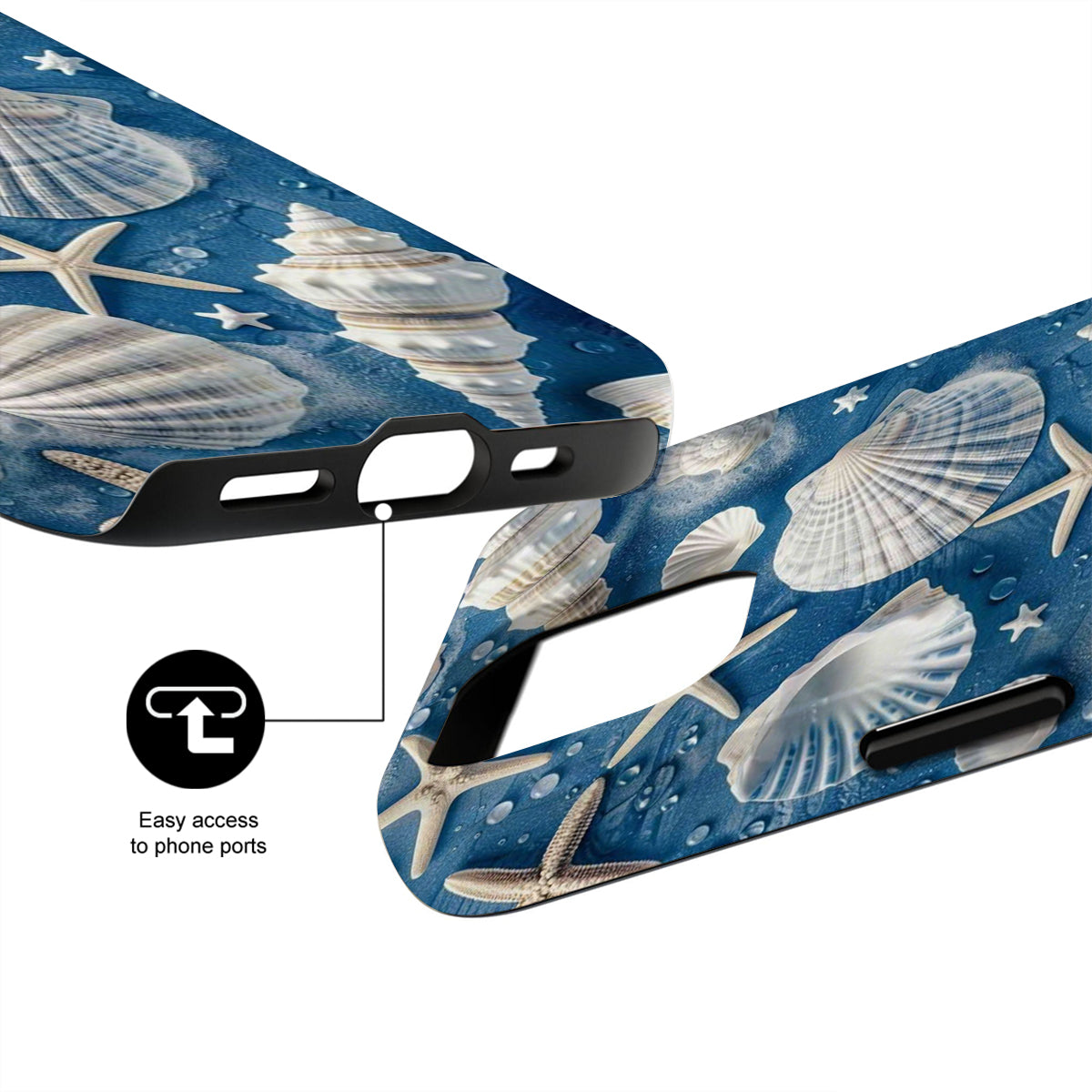 Phone case with seashell design and ports accessibility feature on a white background