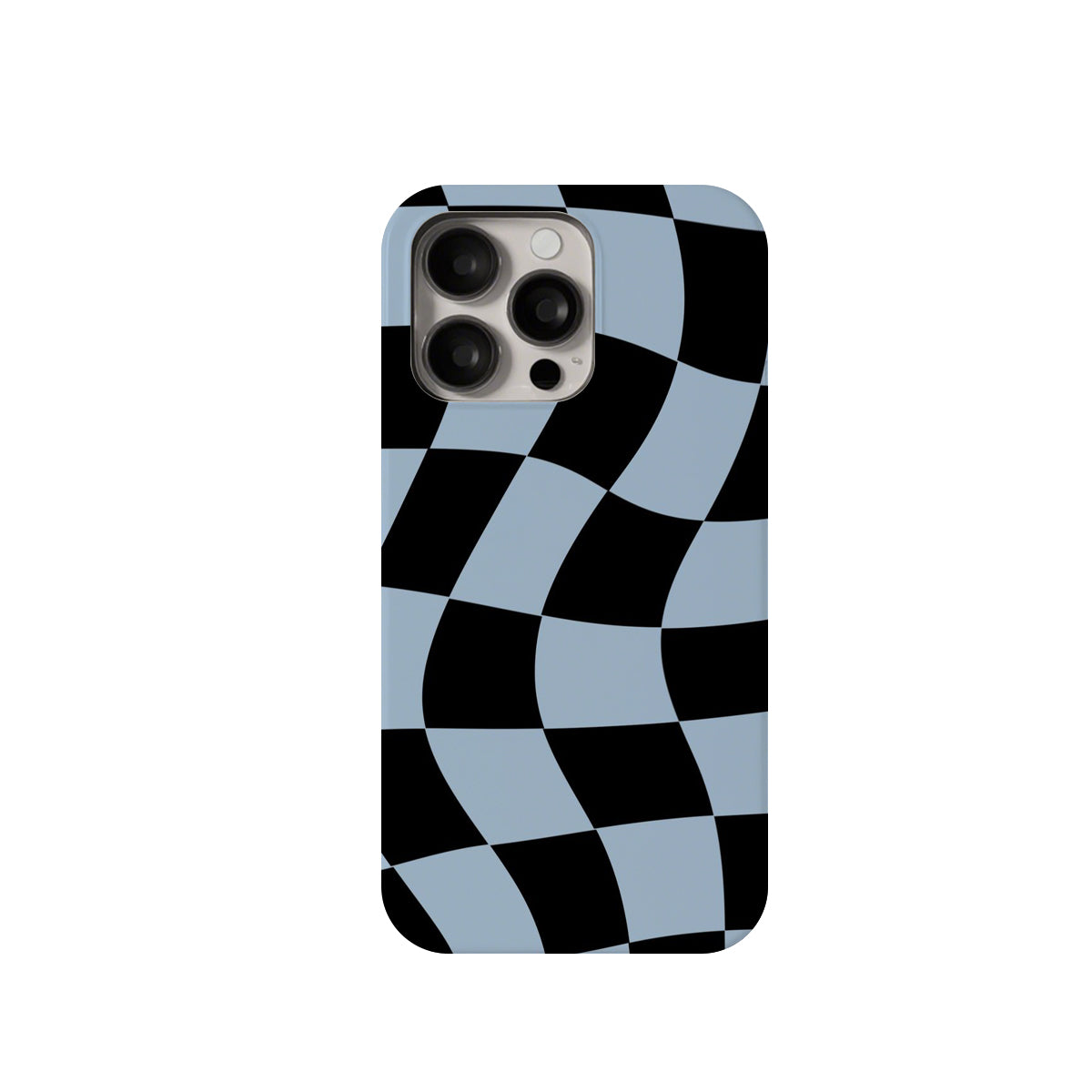 Phone case with a black and blue checkered pattern on a white background