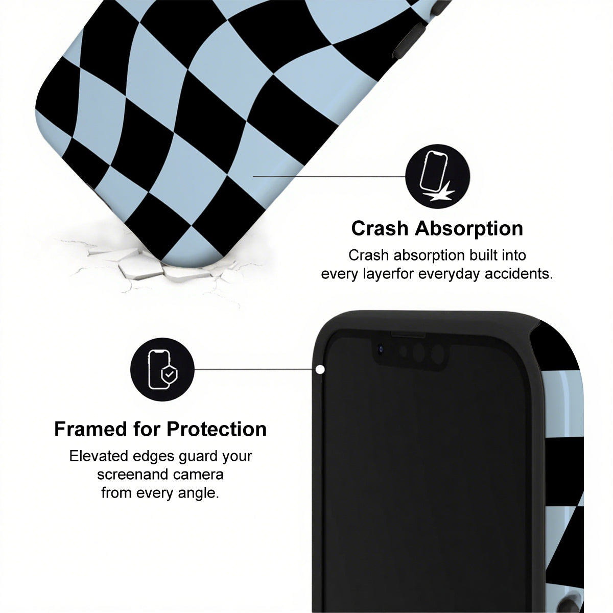 Phone case with checkered pattern and text highlighting crash absorption and protection features.