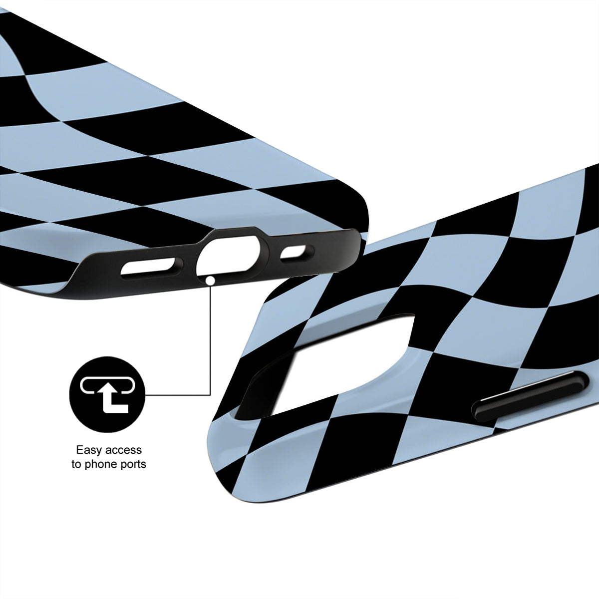 Checkered phone case with ports easily accessible design on a white background