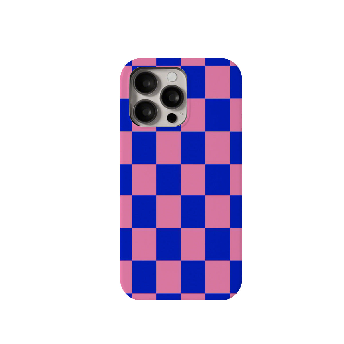 Phone case with pink and blue checkered pattern on a white background