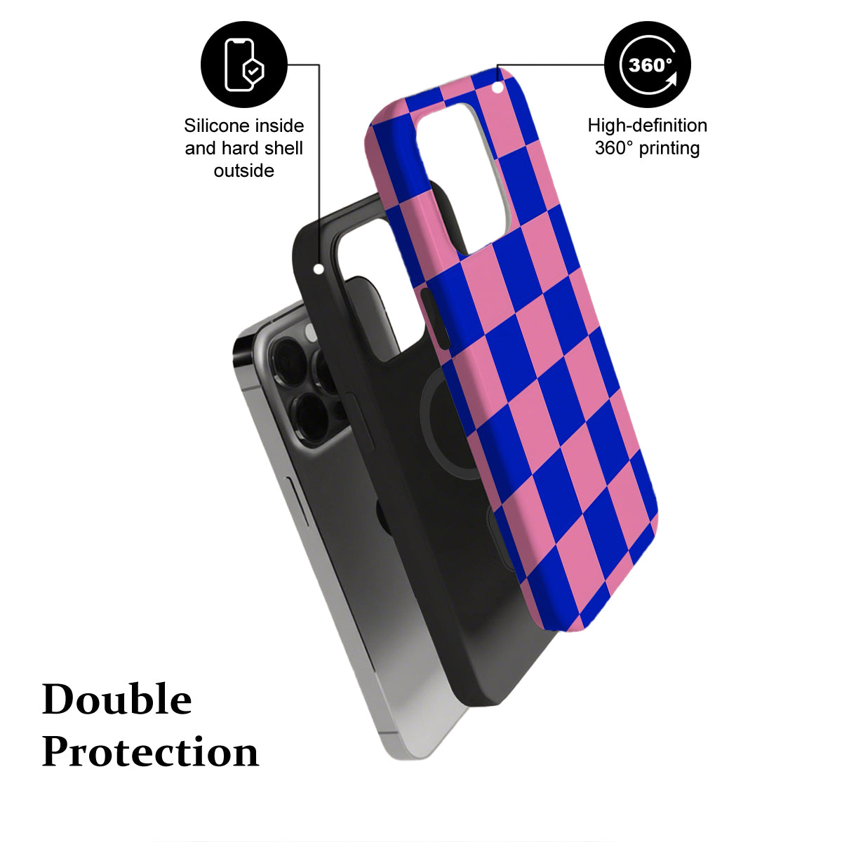 Phone case with checkered design and text highlighting features on a white background