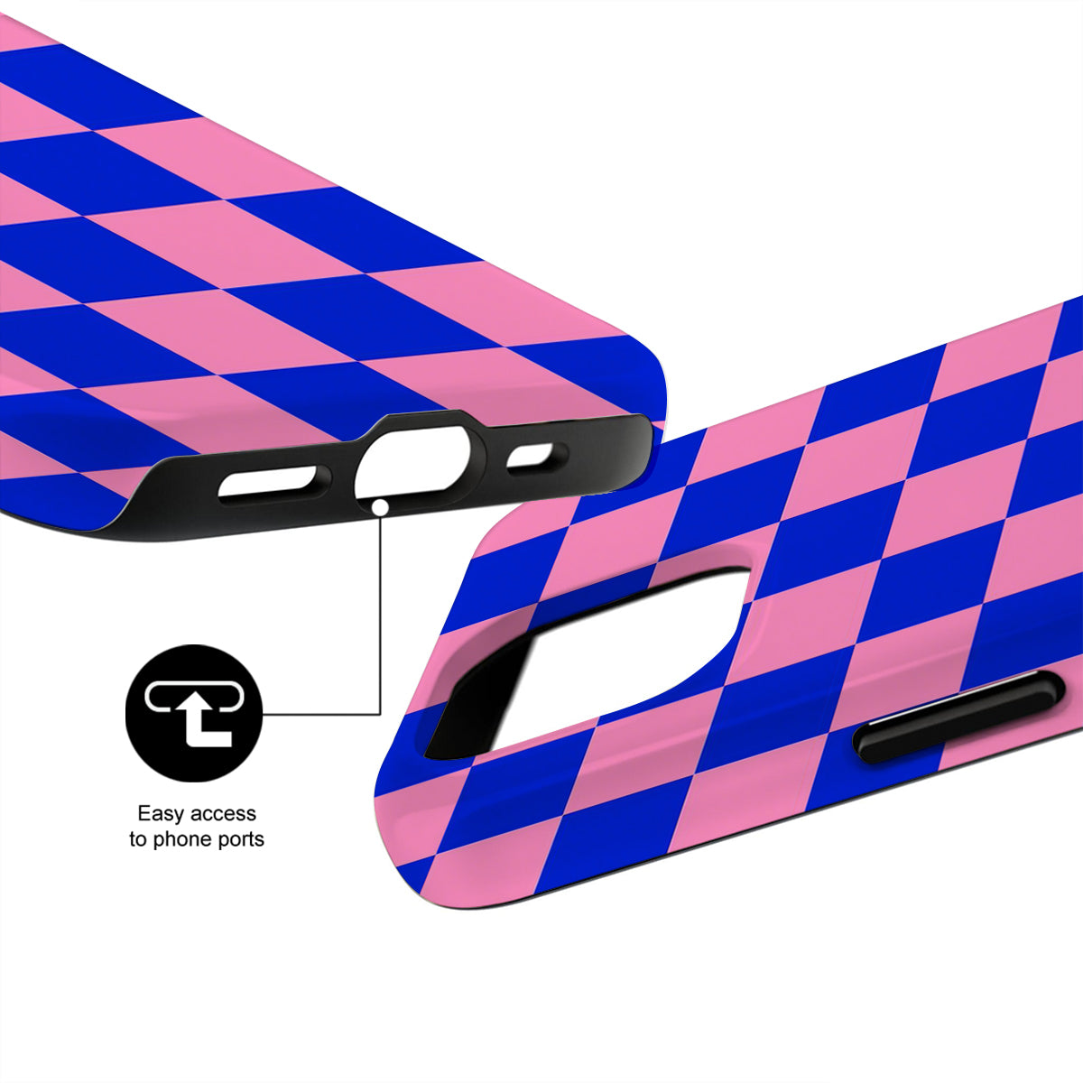 Pink and blue checkered phone case with clear ports on a white background