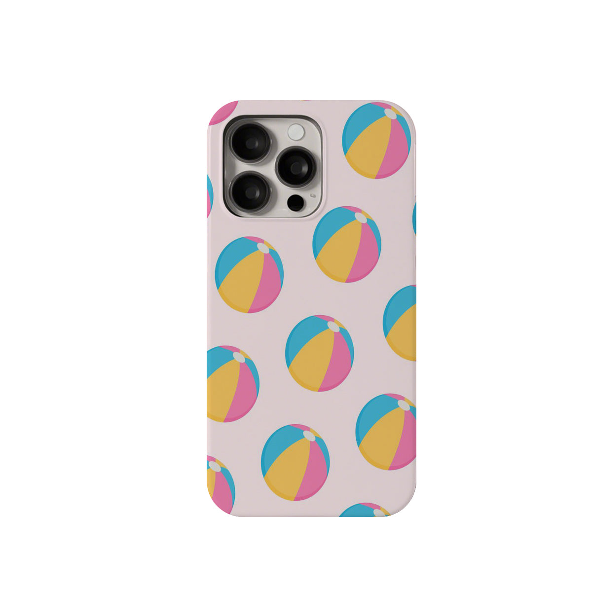 Phone case with colorful beach ball pattern on a light pink background