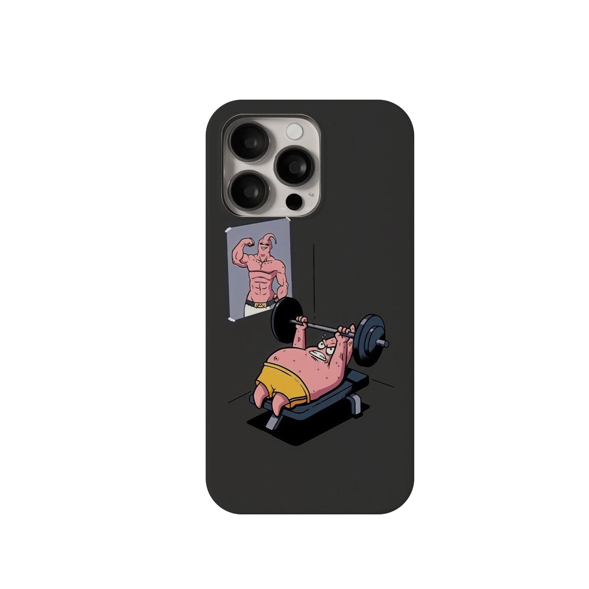 Phone case with a cartoon design of a person lifting weights and looking at themselves in the mirror, with a black background.