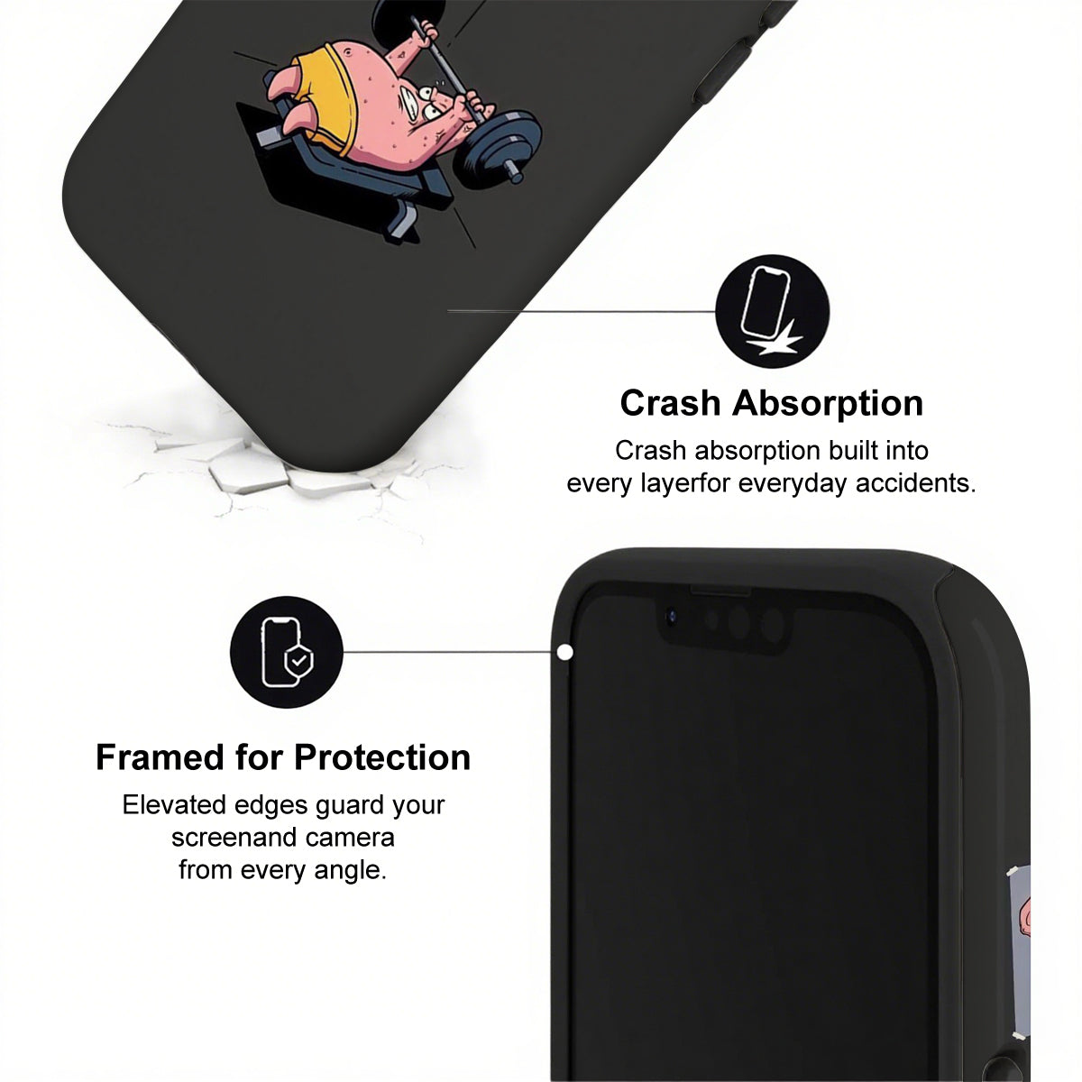 Black phone case with cartoon character and text about crash absorption and protection.