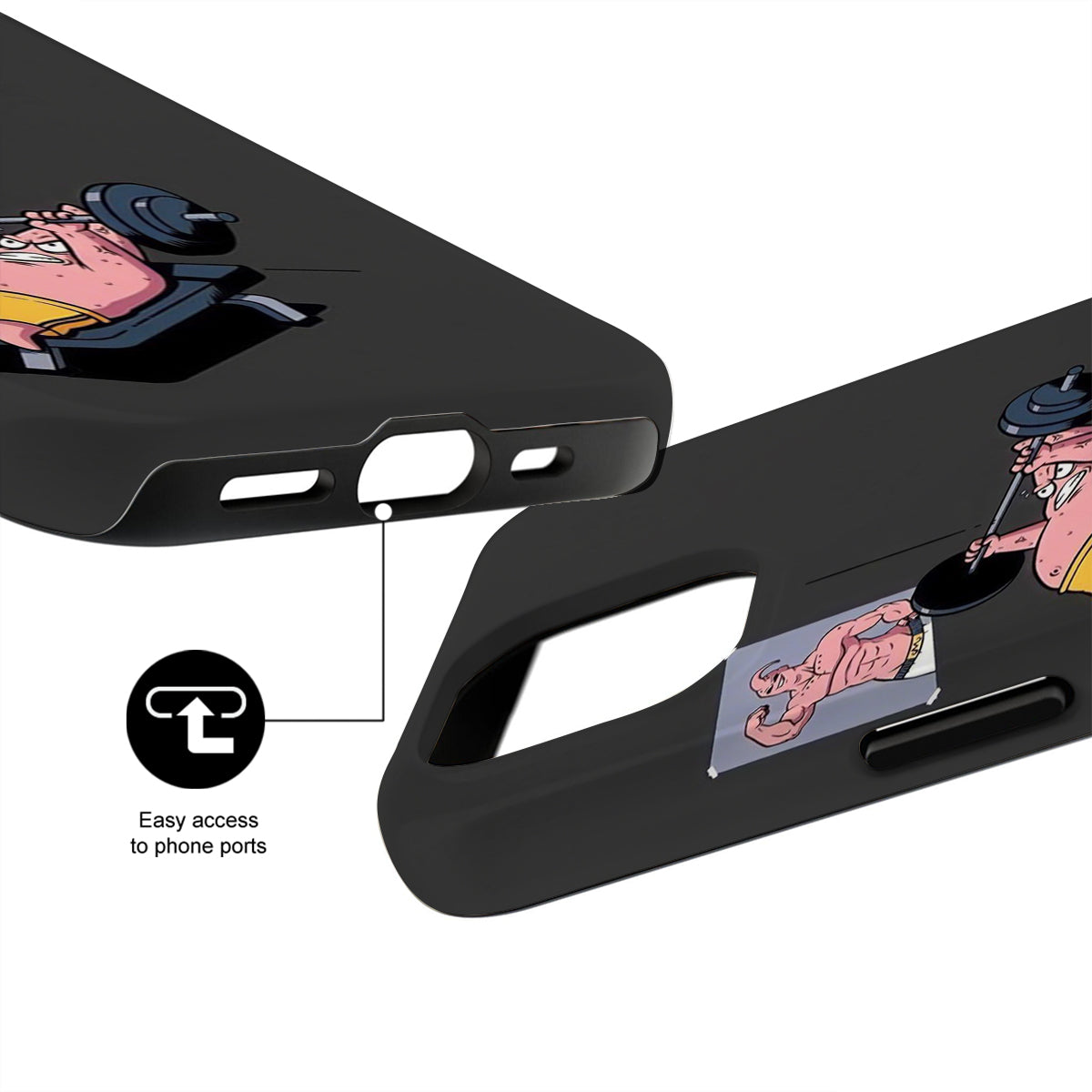 Black phone case with cartoon character design and easy access to phone ports feature.