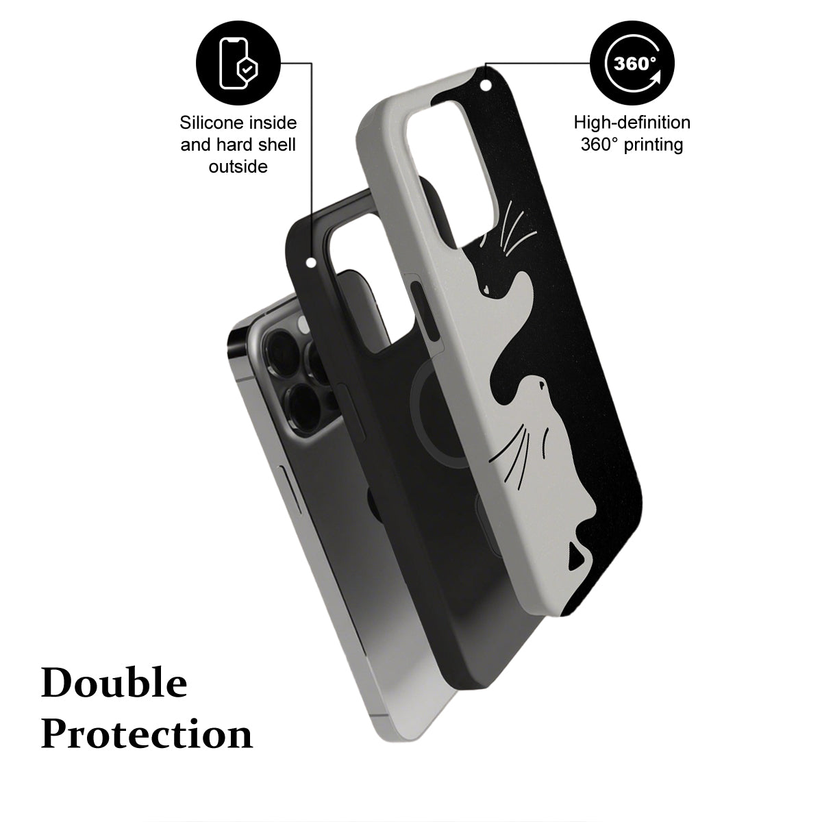 Phone case with cat design, highlighting features on a white background