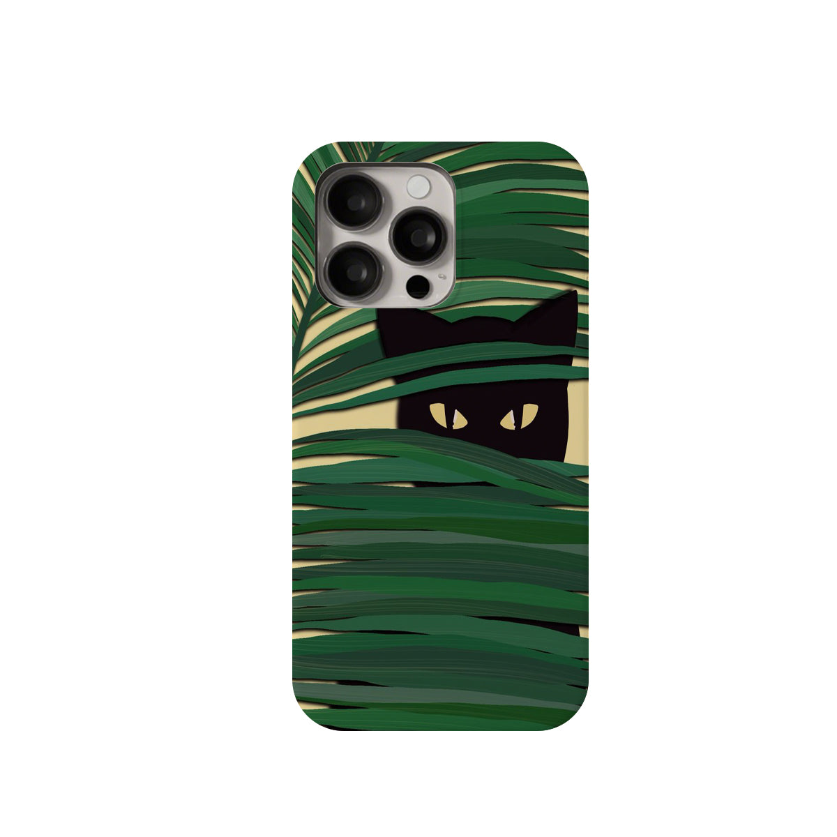 Phone case with a black cat design peeking from green leaves on a white background