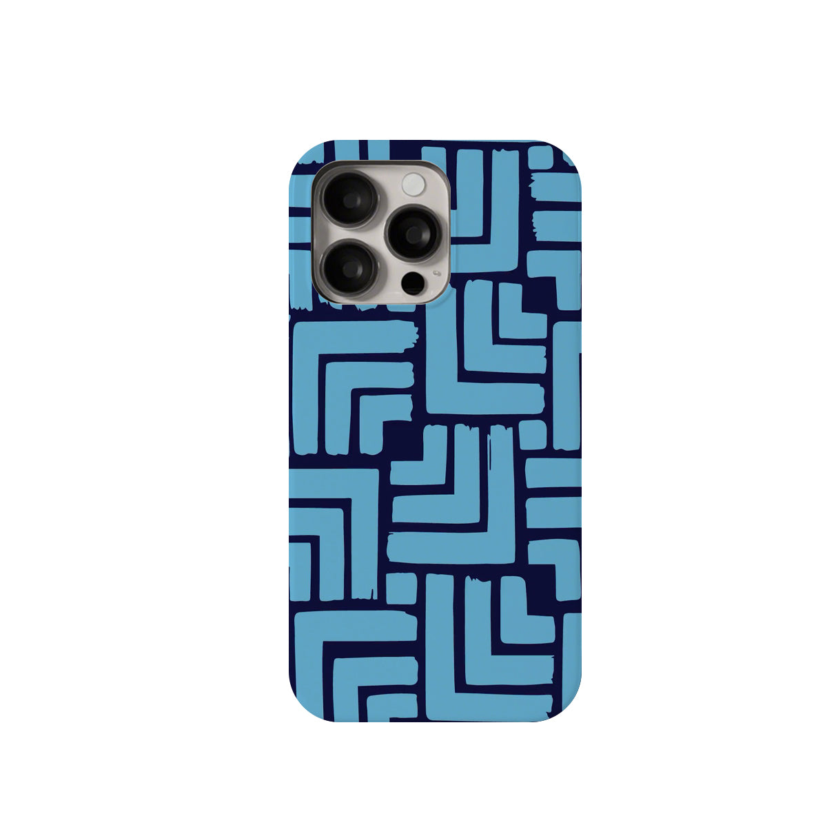 Phone case with blue geometric pattern on a white background