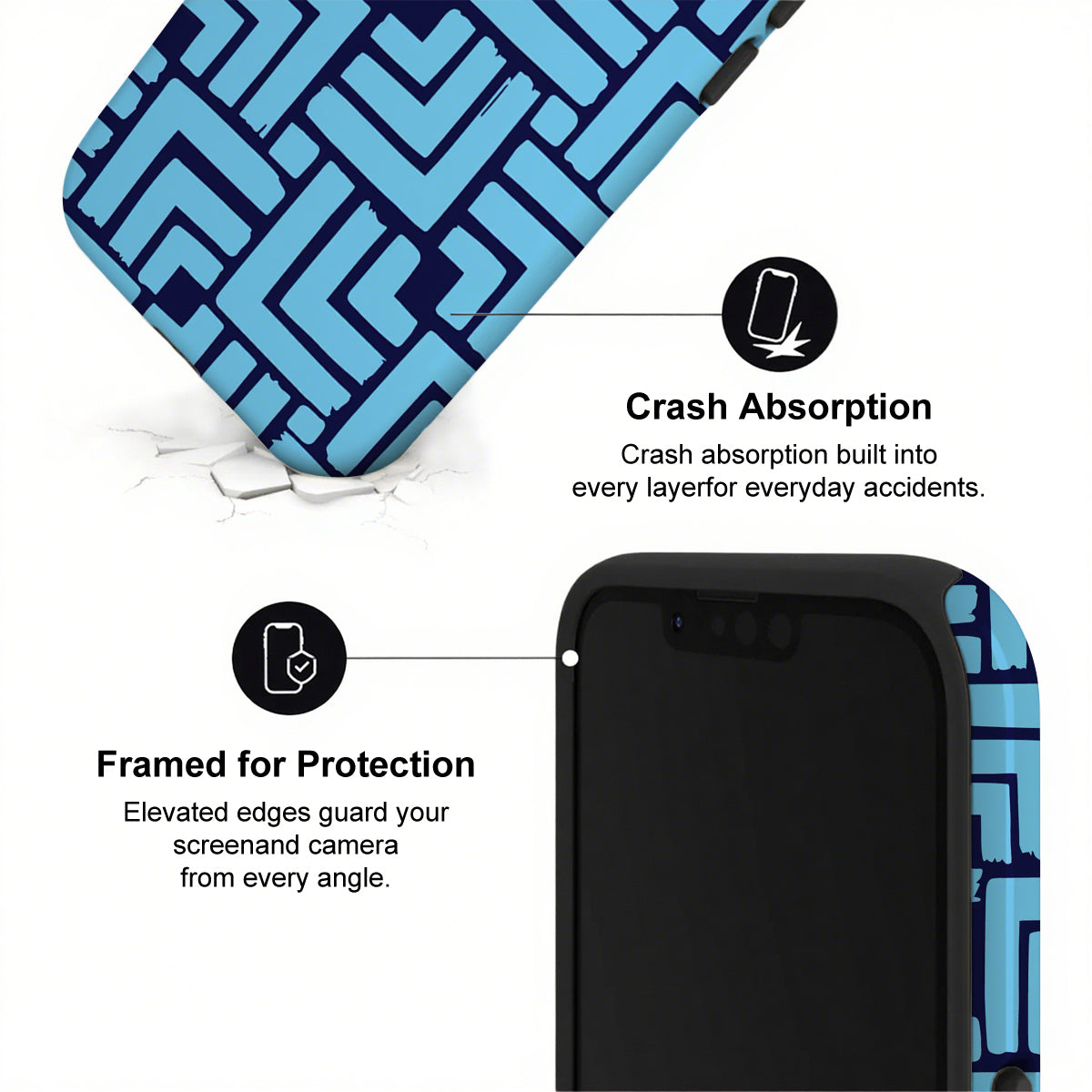Phone case with blue geometric pattern and text highlighting crash absorption and protection features.