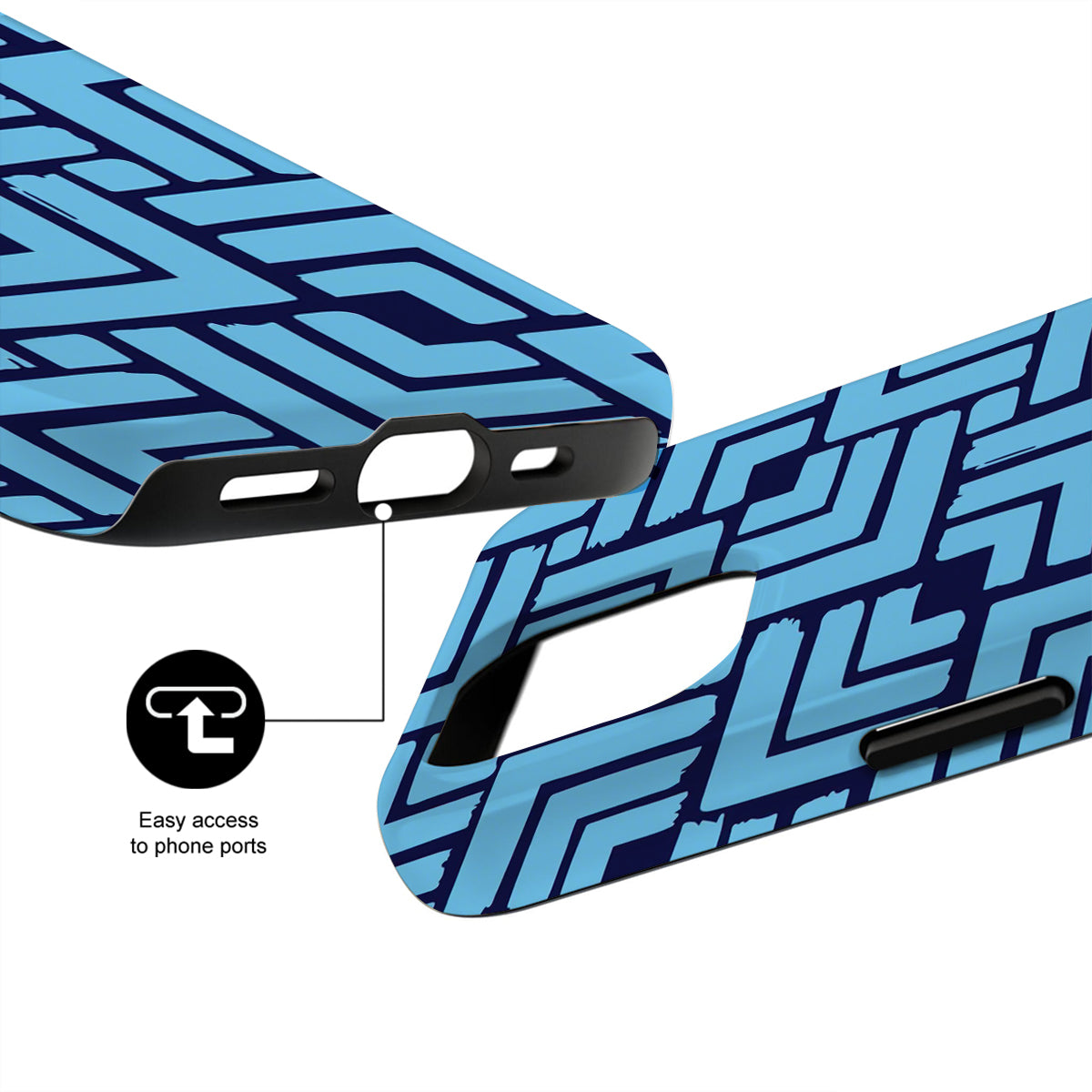 Blue and black phone case with geometric pattern and easy access to phone ports feature.