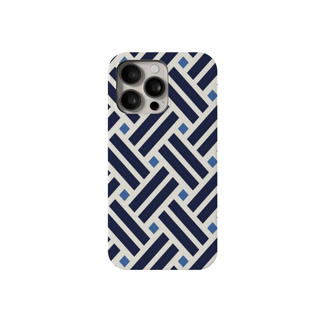 Phone case with blue and white geometric pattern on a white background