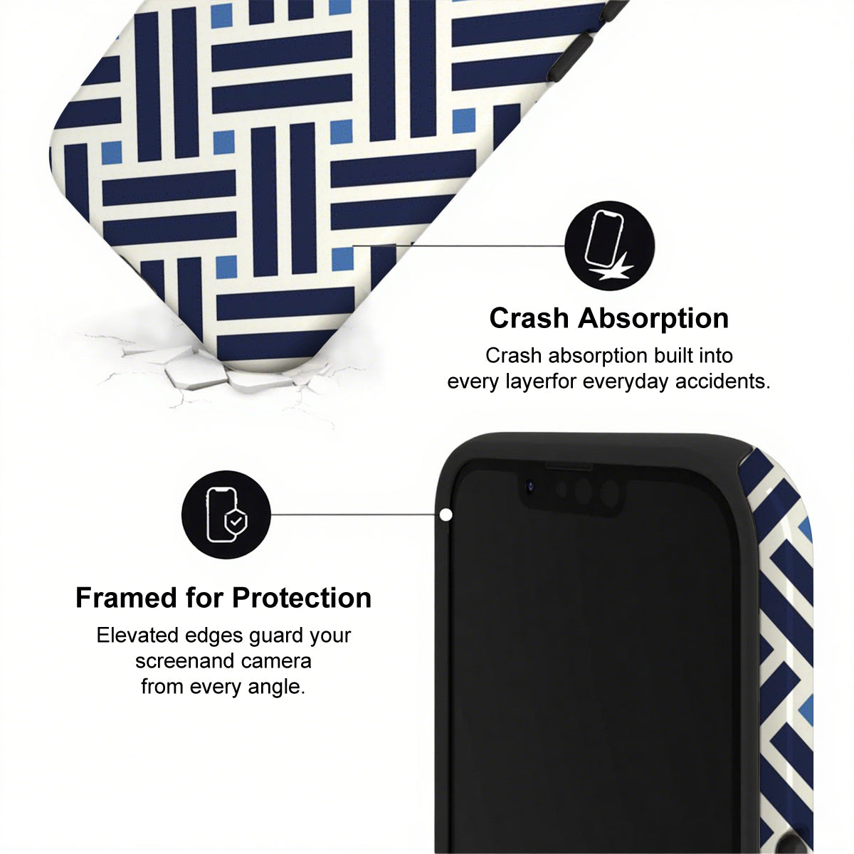 Phone case with crash absorption and protection features on a white background