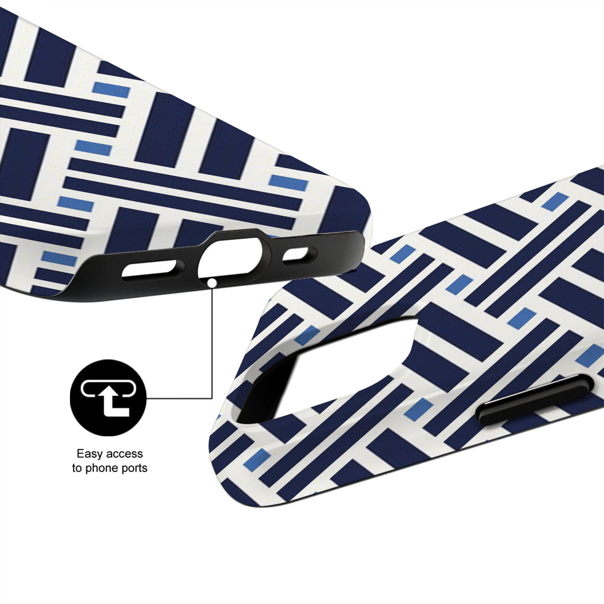 Flip-flops with geometric pattern and phone case attachment on a white background