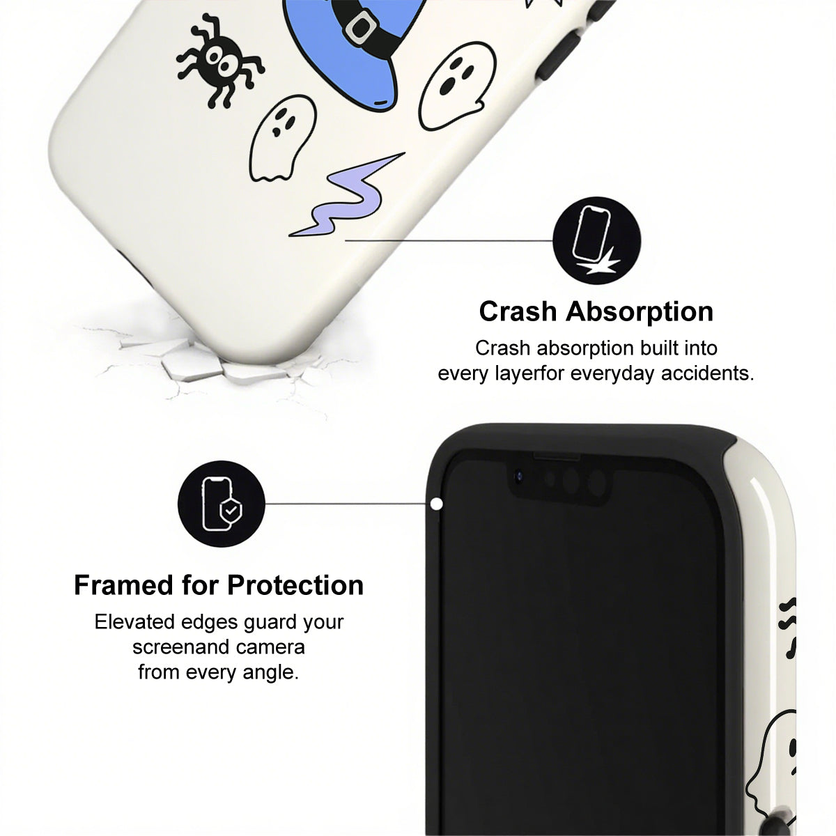 Phone case with cartoon designs and text highlighting crash absorption and protection features.