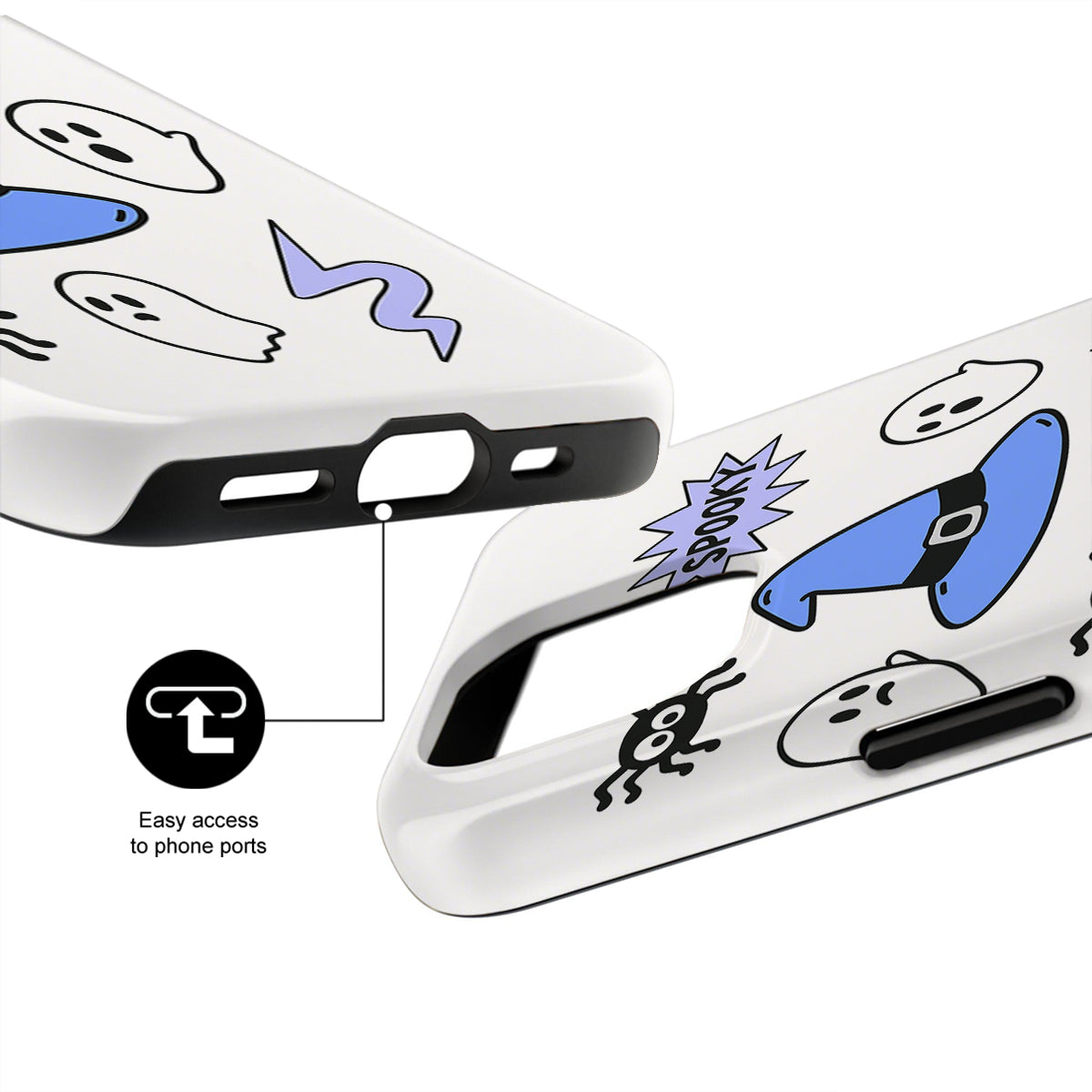 White phone case with cartoon character design and text on a white background
