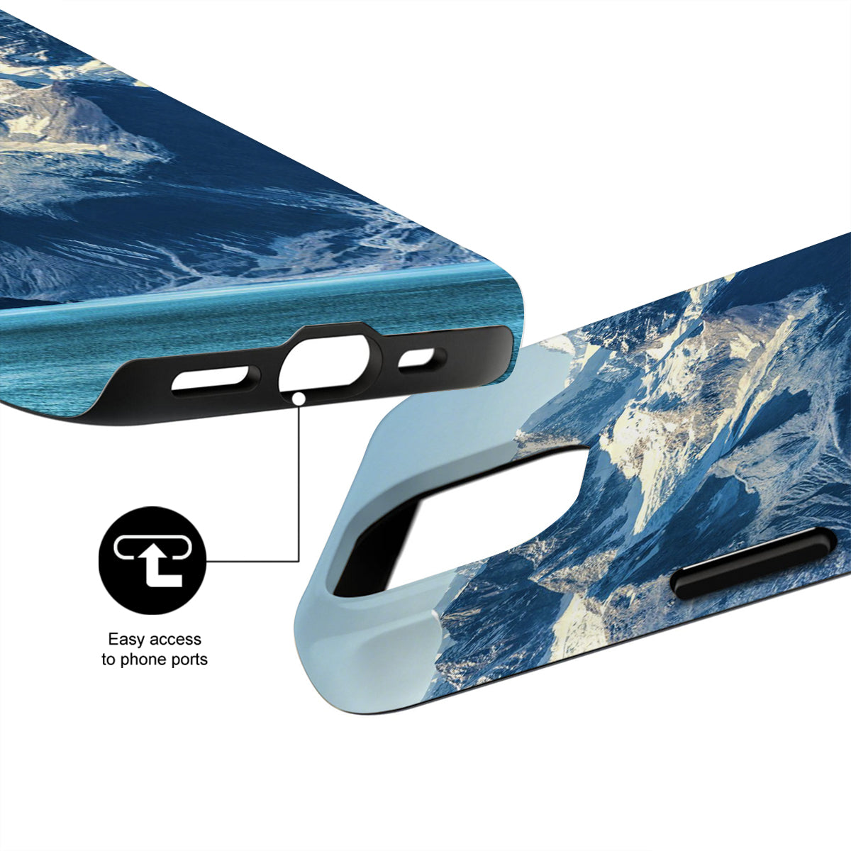 Phone case with blue and white wave design and text 'Easy access to phone ports'.