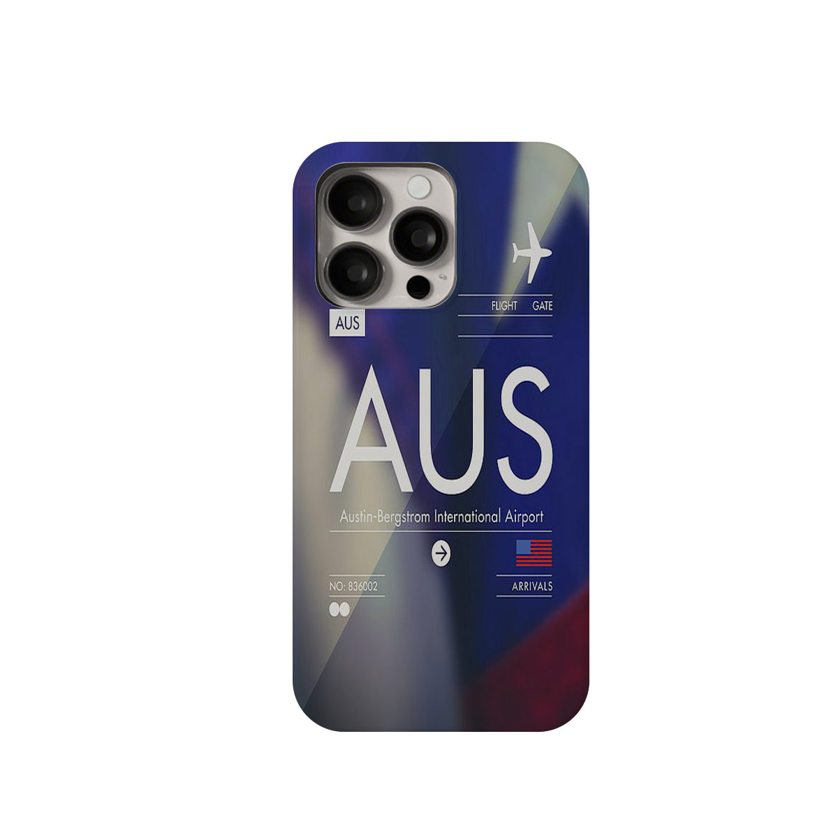 Phone case with 'AUS' and airplane design on a white background