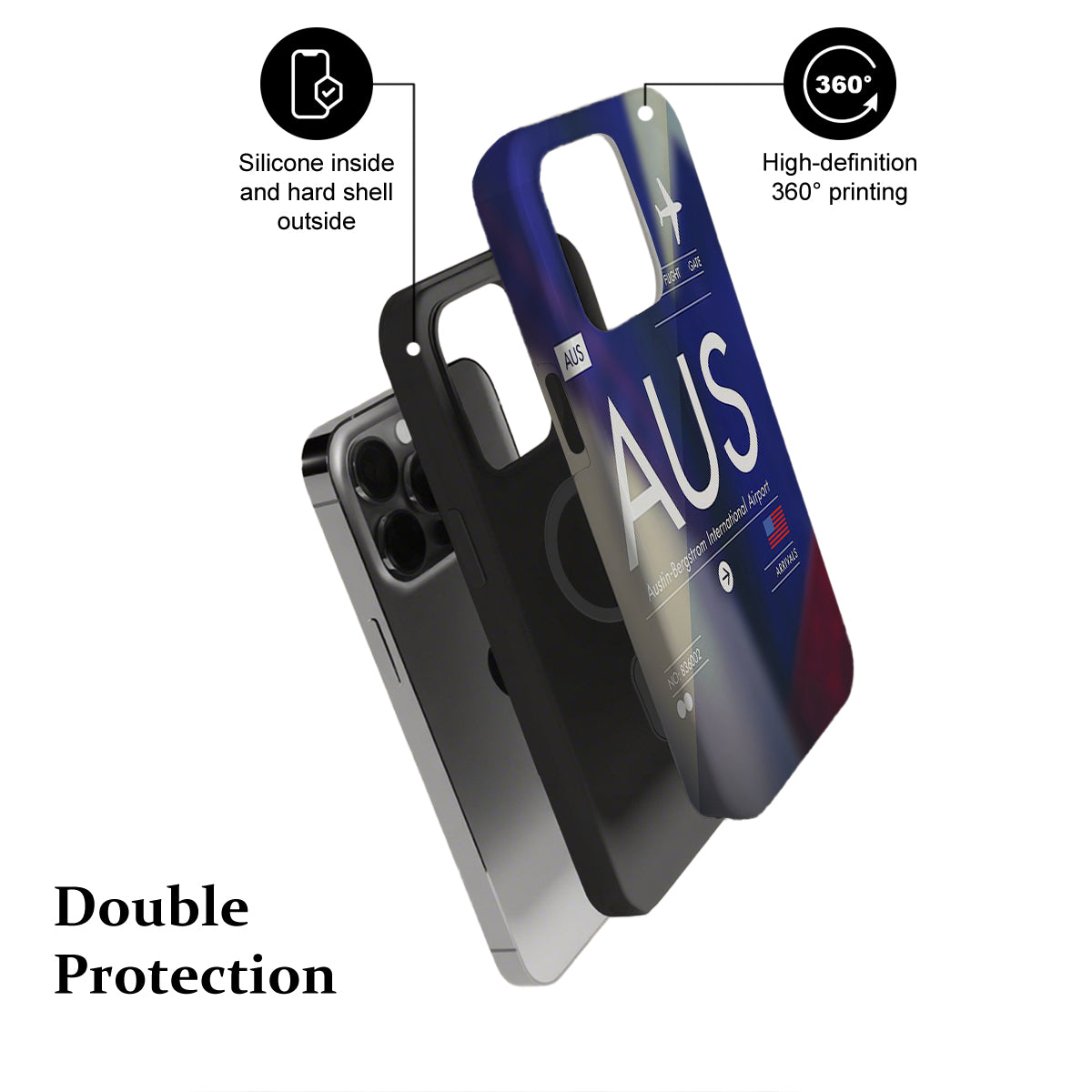 Phone case with 'AUS' branding and text highlighting features on a white background