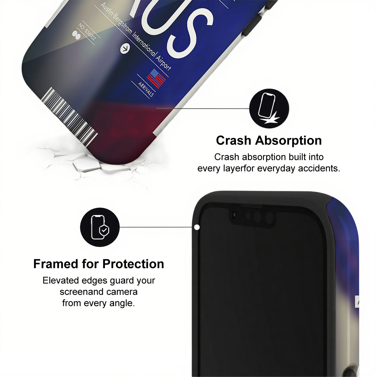 Phone case with crash absorption and protection features on a white background