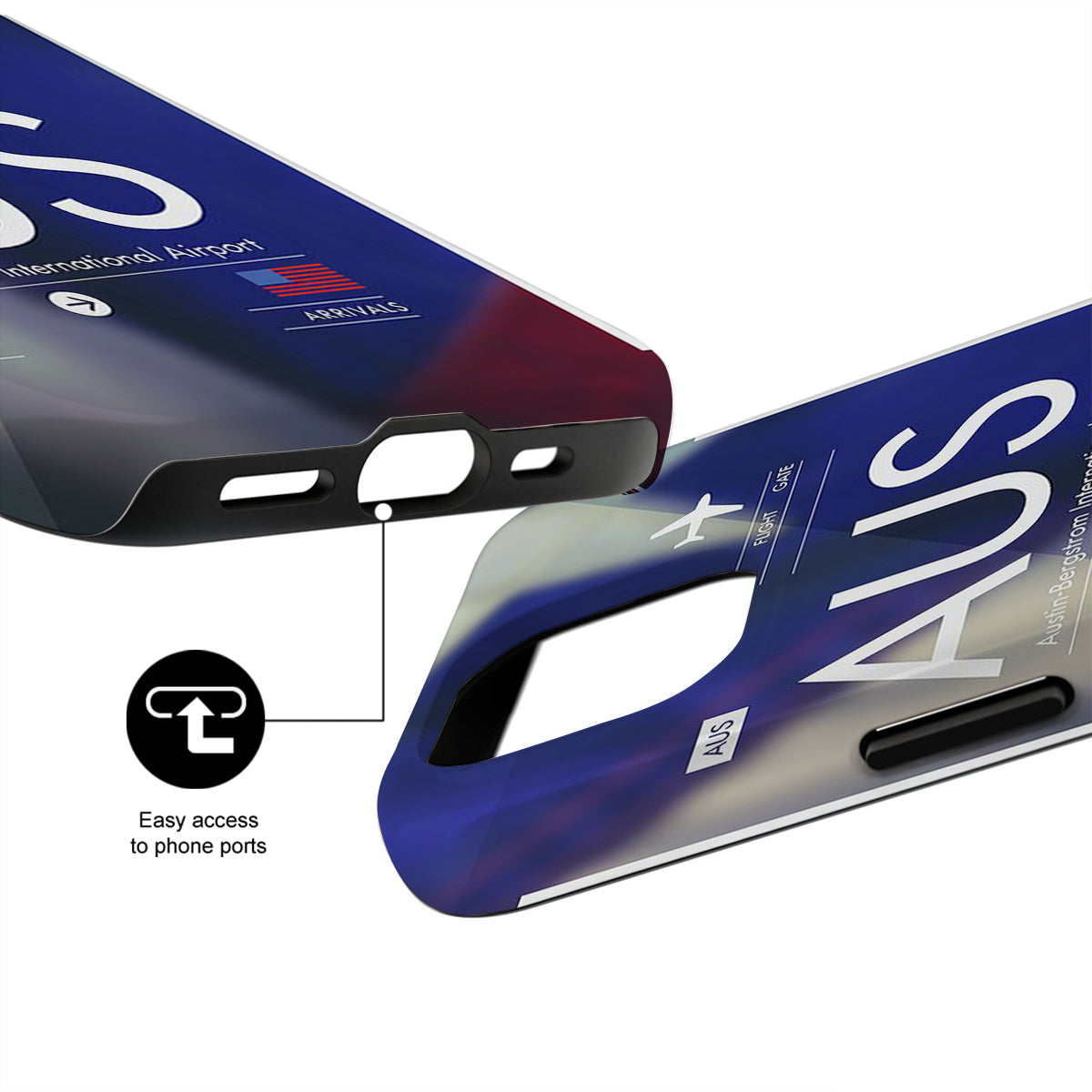 Phone case with 'AUS' branding and easy access to phone ports feature