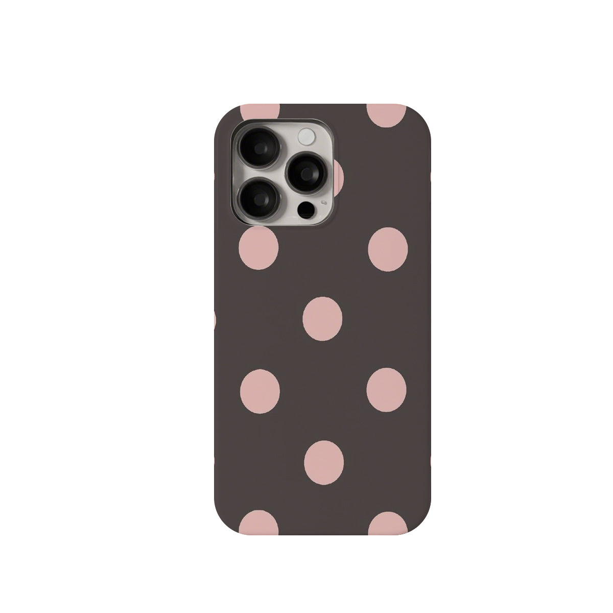 Phone case with pink polka dots on a dark gray background