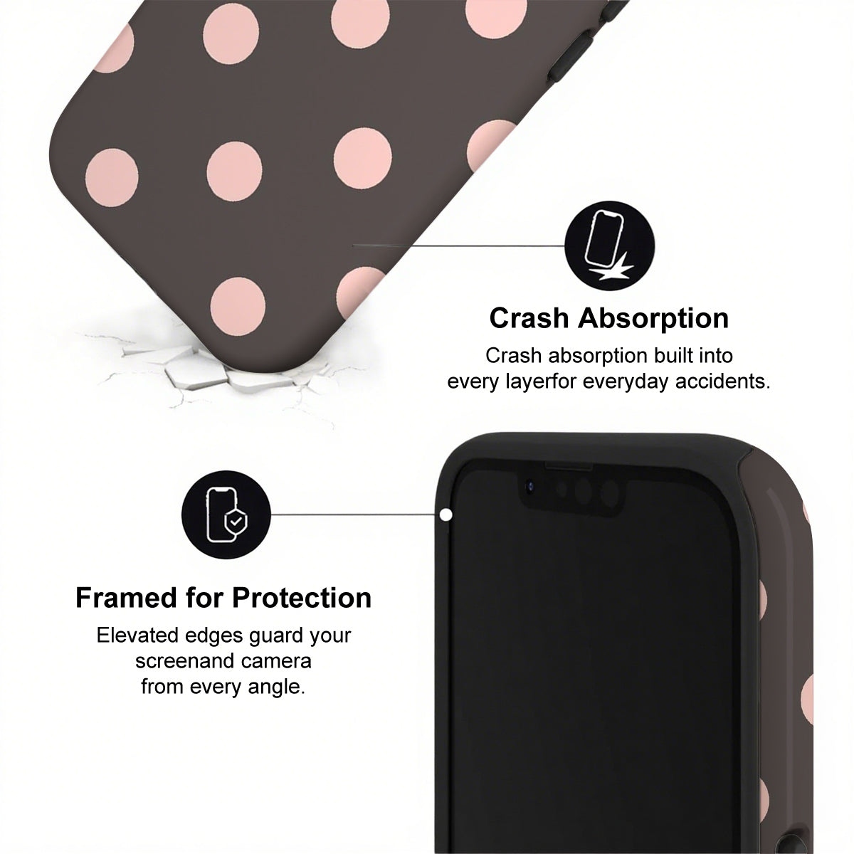 Phone case with polka dot design and text highlighting crash absorption and protection features.