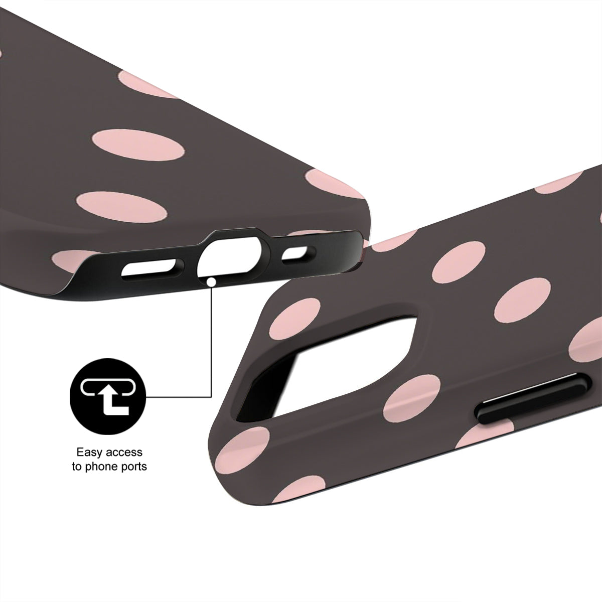 Phone case with pink polka dots on a white background