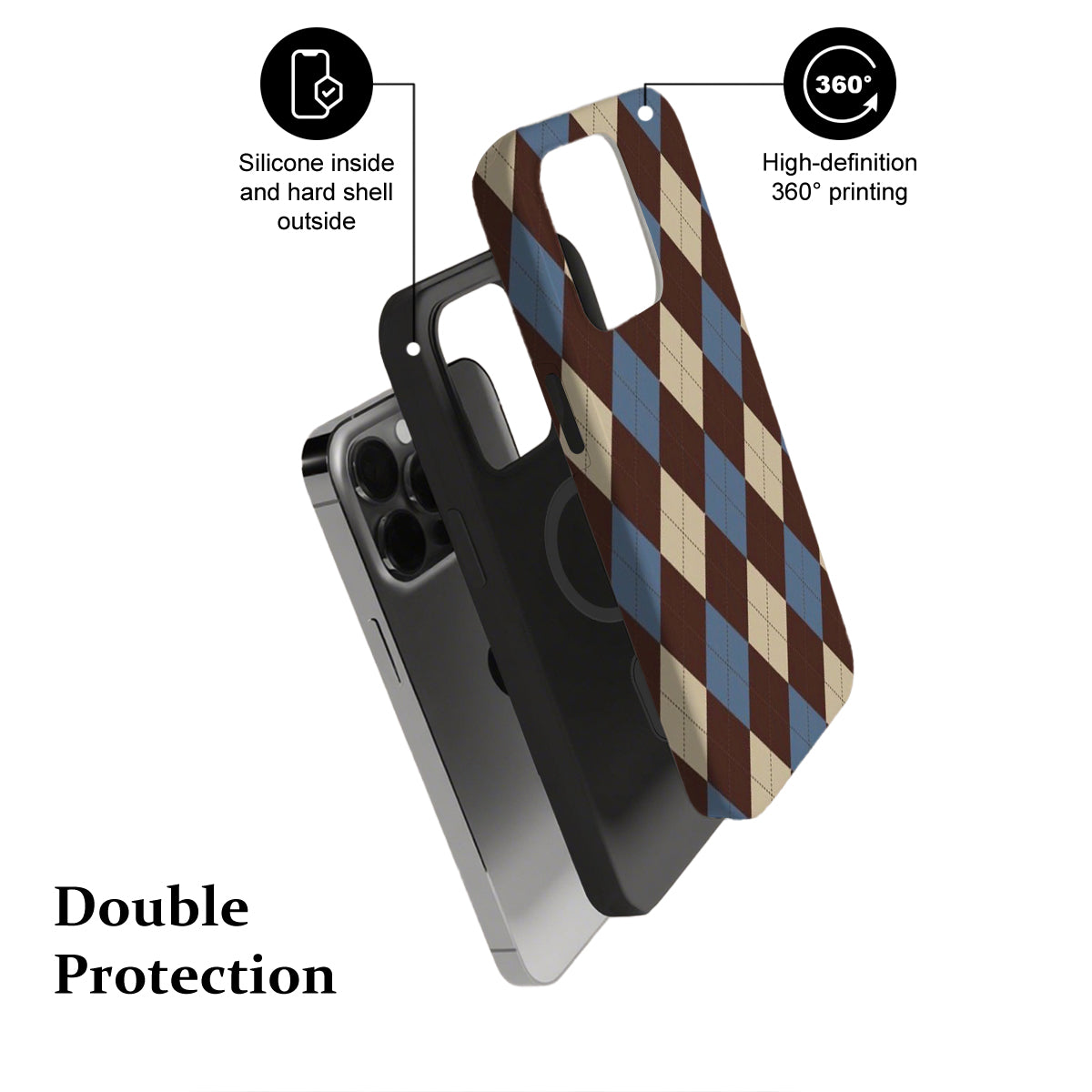 Phone case with checkered pattern and text highlighting features on a white background