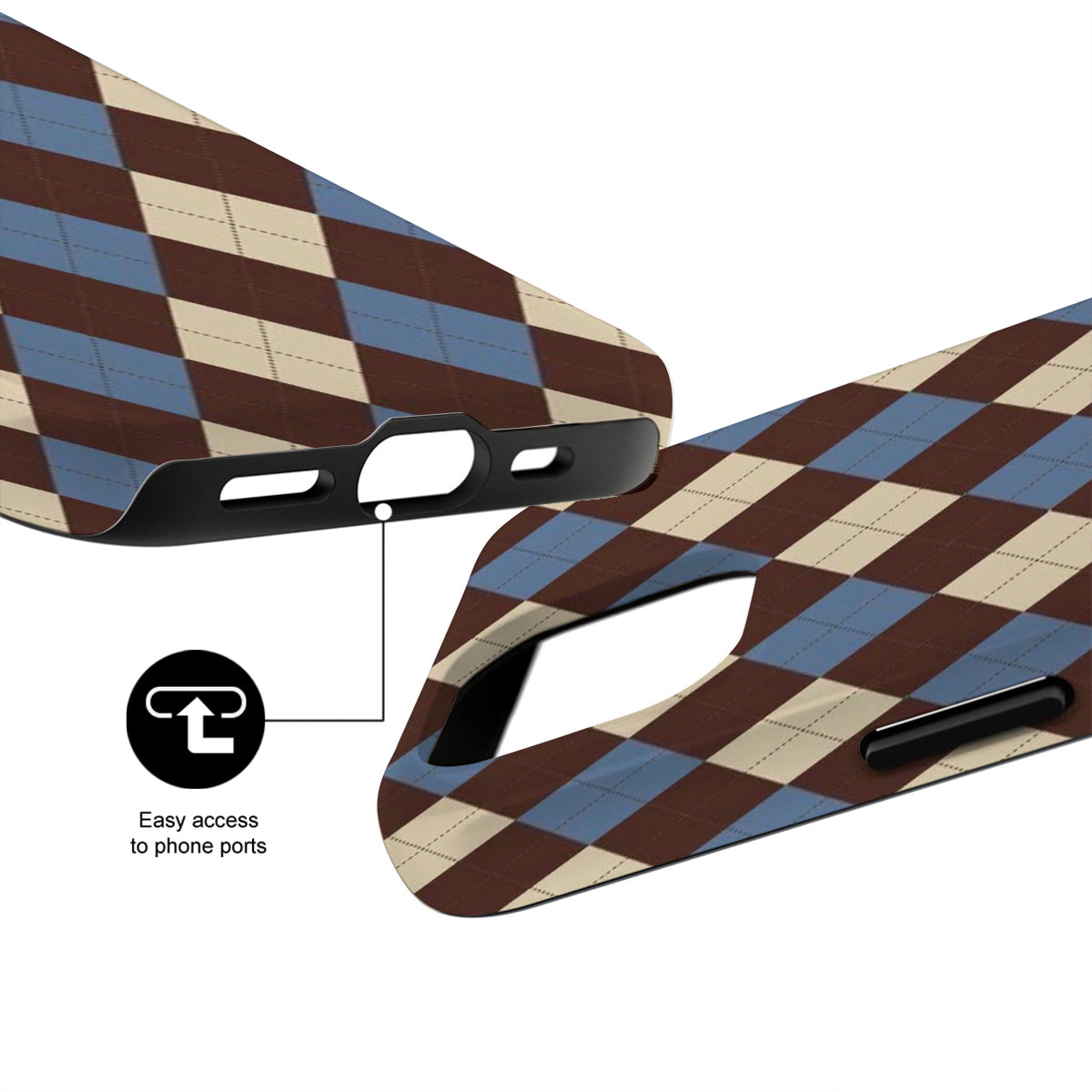 Checkered phone case with ports highlighted on a white background