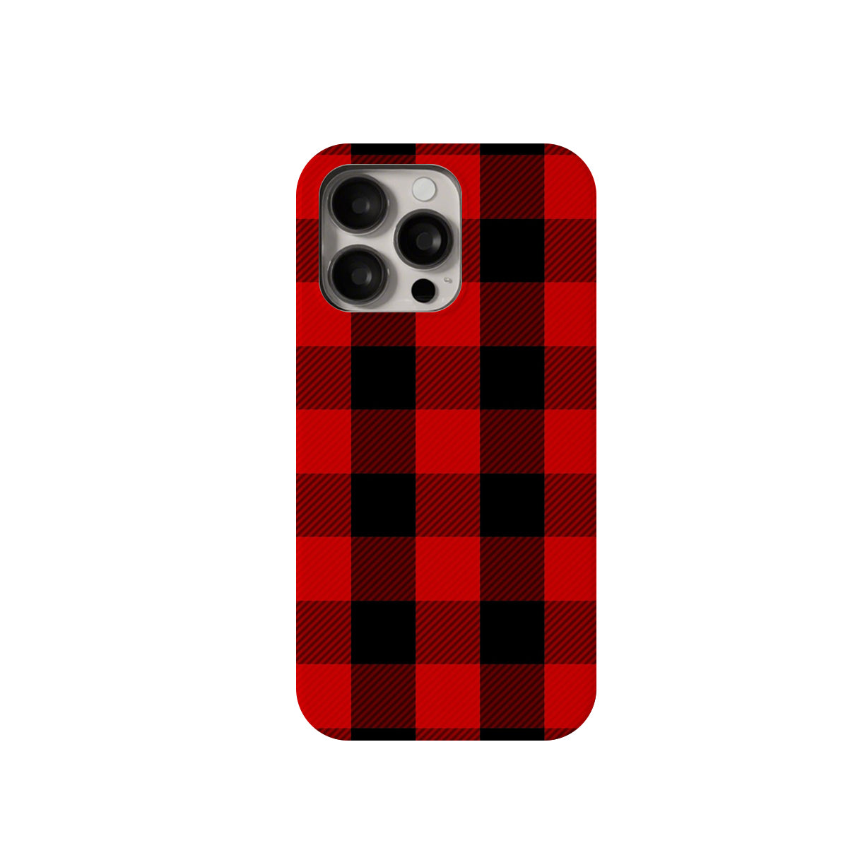Red and black checkered phone case on a white background